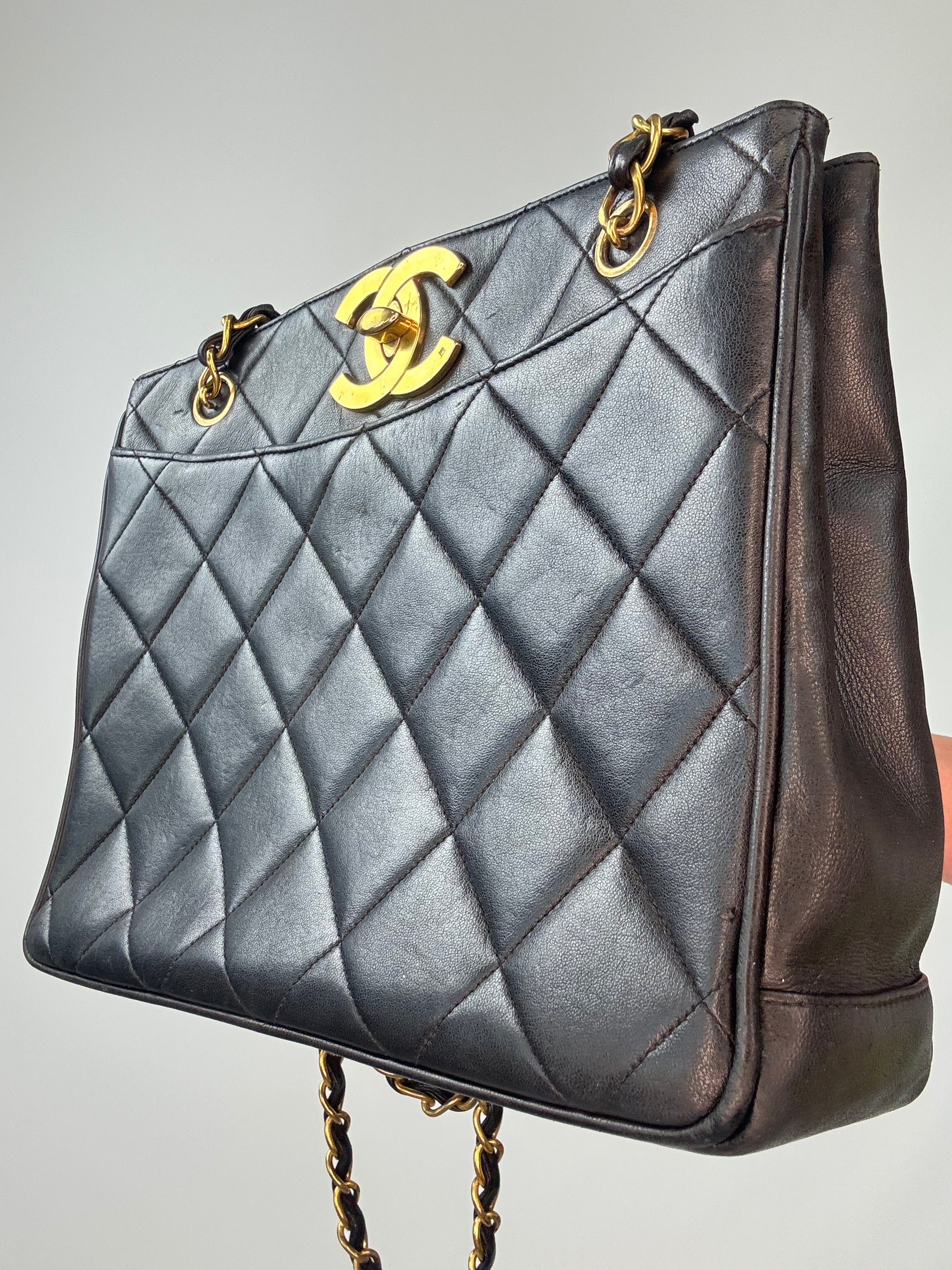 Chanel Black Quilted Caviar Leather CC Shoulder Bag front right side view