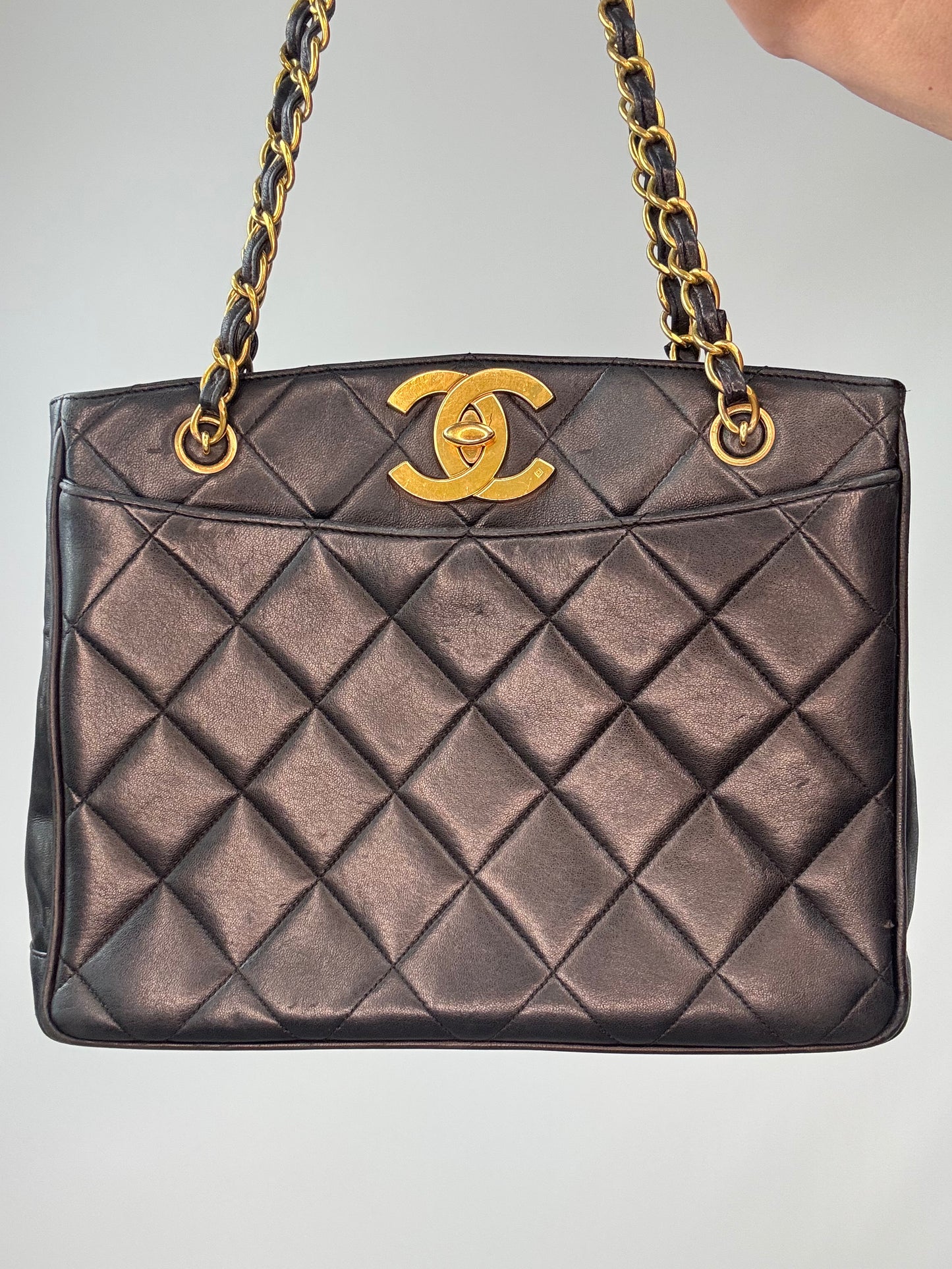 Chanel Black Quilted Caviar Leather CC Shoulder Bag front of handbag