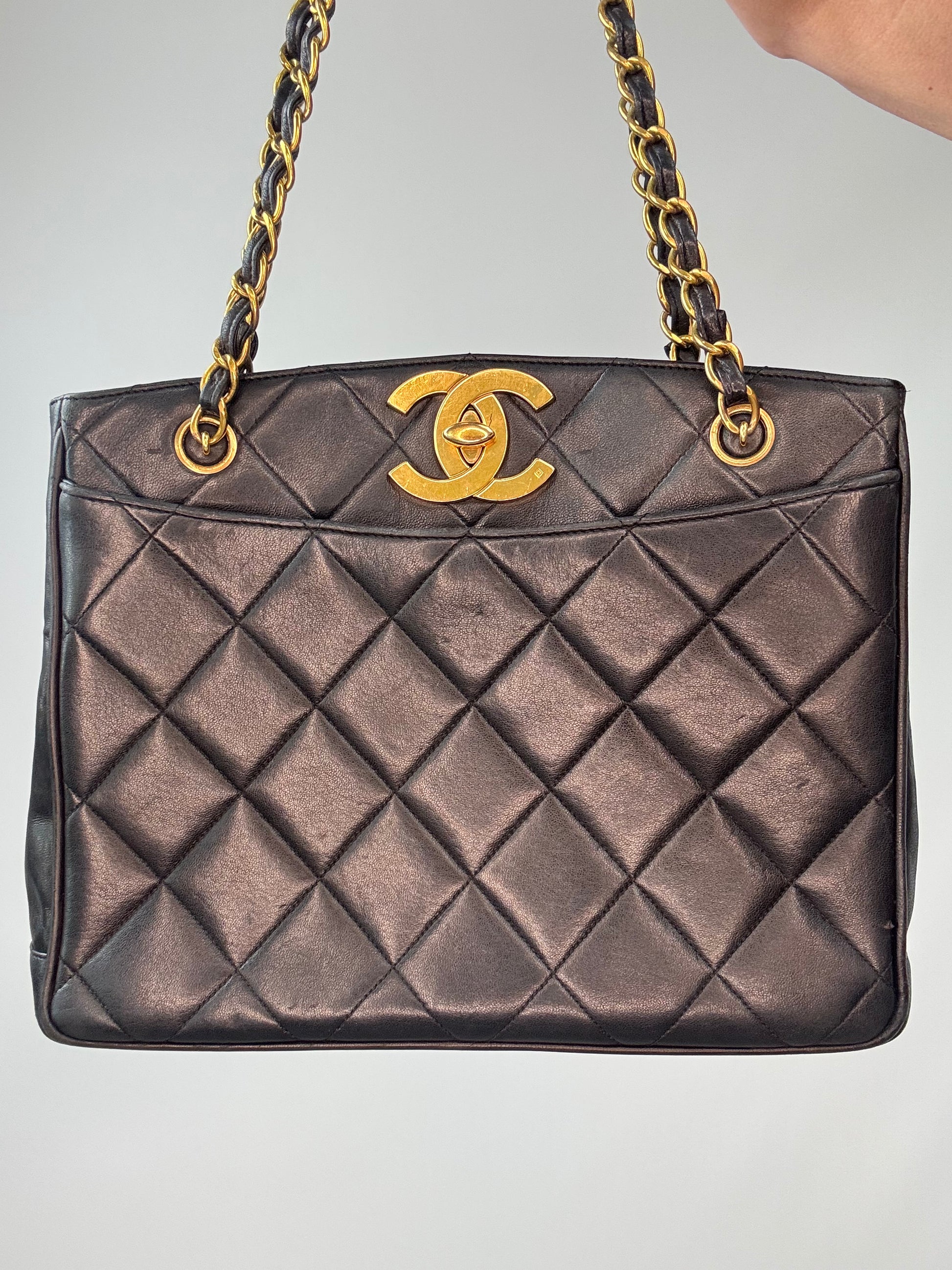 Chanel Black Quilted Caviar Leather CC Shoulder Bag front of handbag