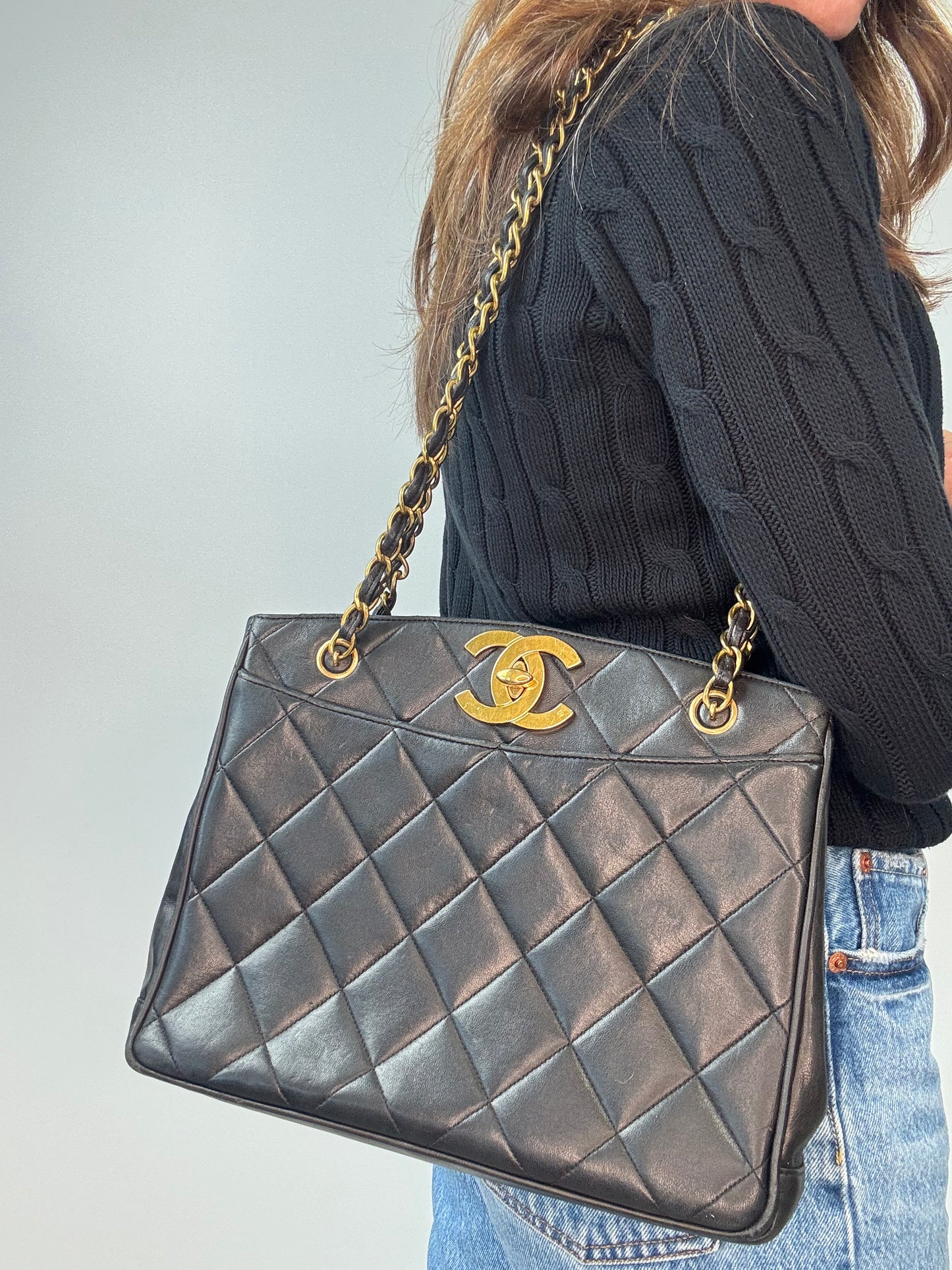 Chanel Black Quilted Caviar Leather CC Shoulder Bag modeled