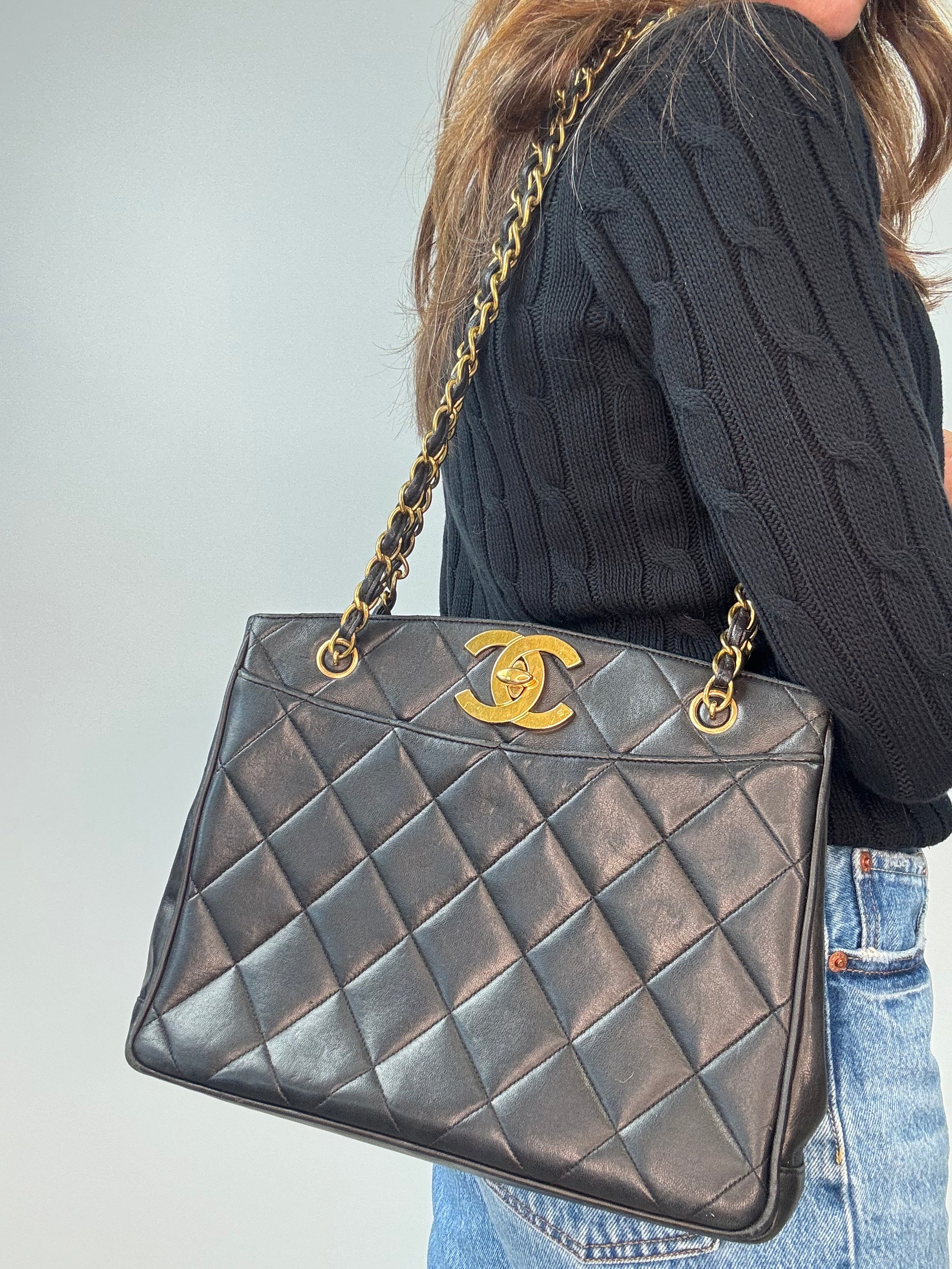 Chanel Black Quilted Caviar Leather CC Shoulder Bag modeled