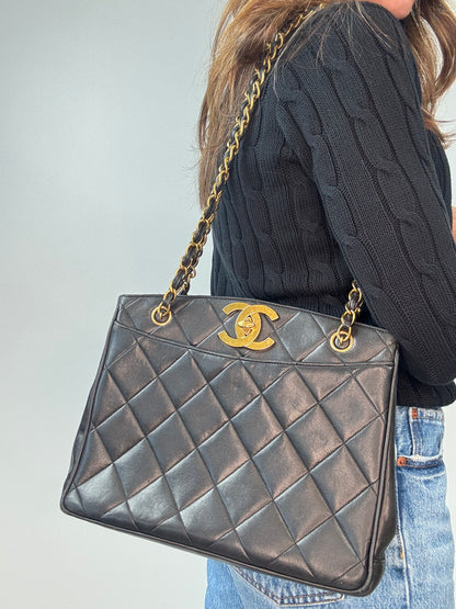 Chanel Black Quilted Caviar Leather CC Shoulder Bag modeled