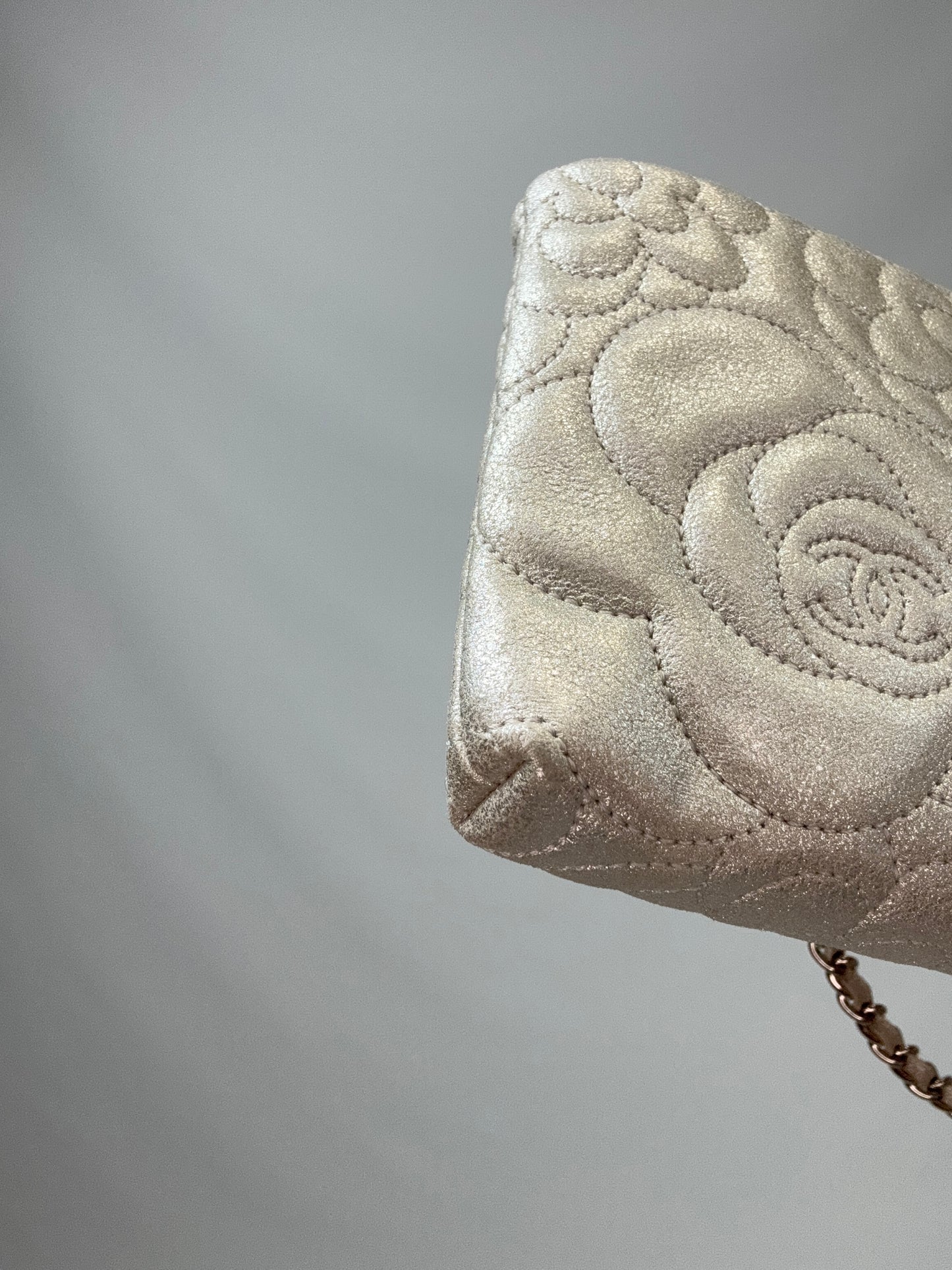 Chanel Camellia Silver VIP Pochette  back left bottom corner