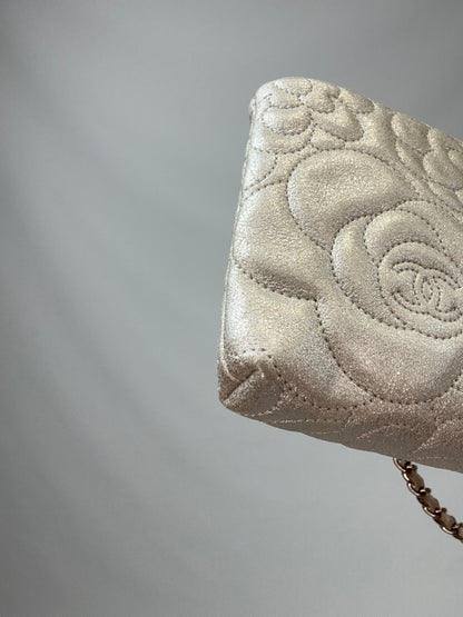 Chanel Camellia Silver VIP Pochette  back left bottom corner