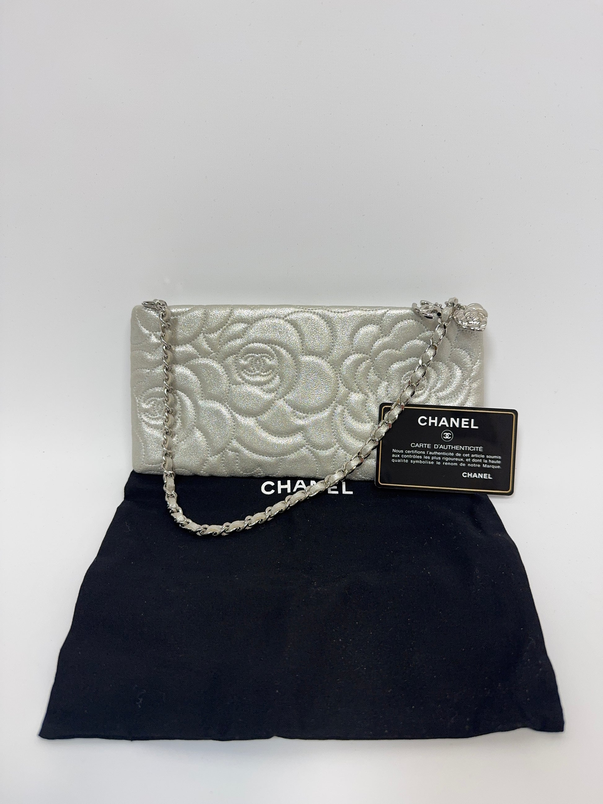 Chanel Camellia Silver VIP Pochette  with dust bag and authenticity card