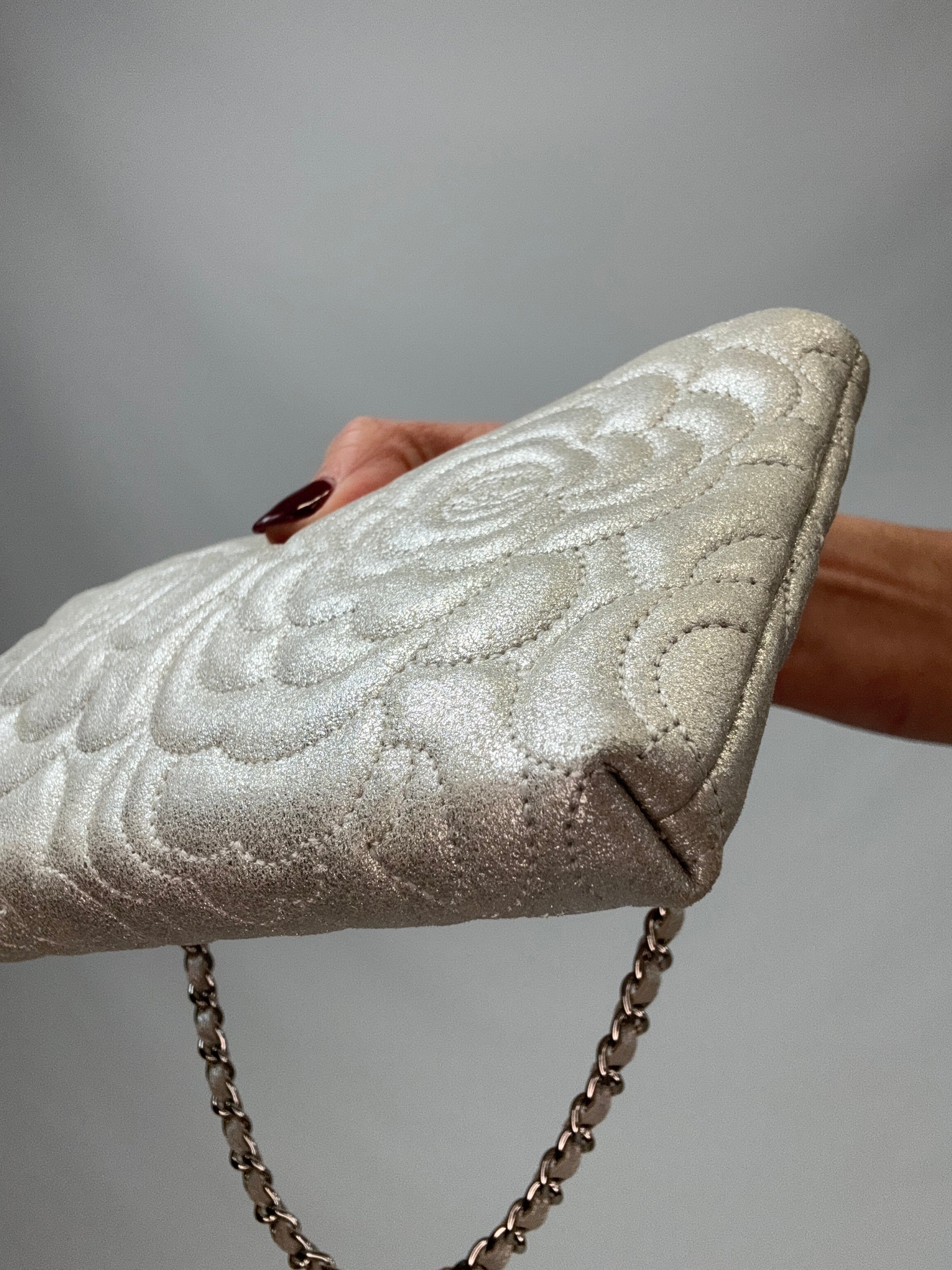Chanel Camellia Silver VIP Pochette  front right bottom corner