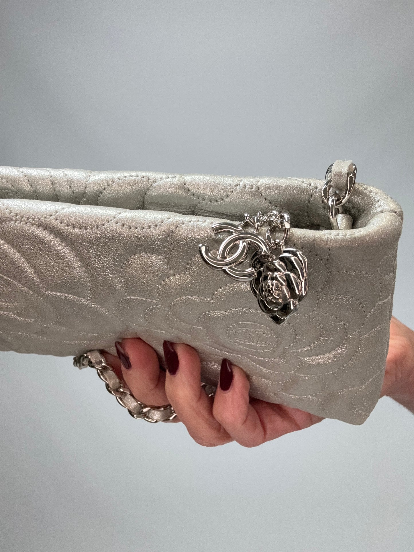 Chanel Camellia Silver VIP Pochette  logo charm