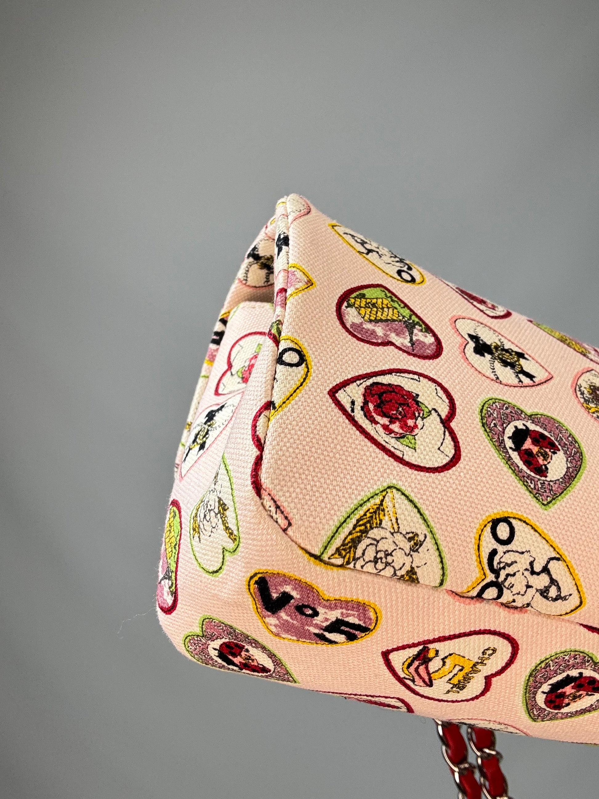 Chanel Canvas Coco Valentine Hearts Flap Bag back left bottom corner