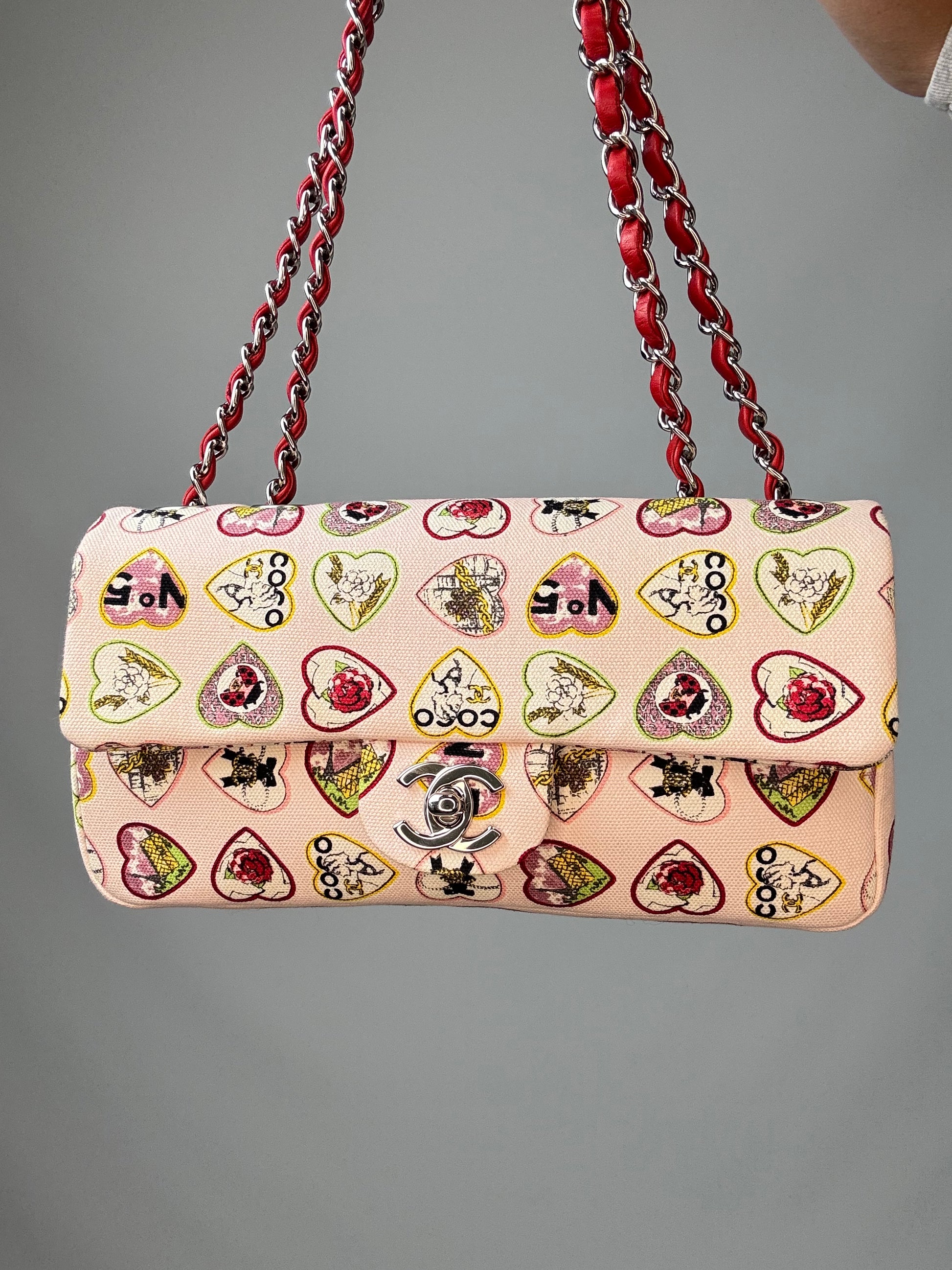 Chanel Canvas Coco Valentine Hearts Flap Bag front closeup