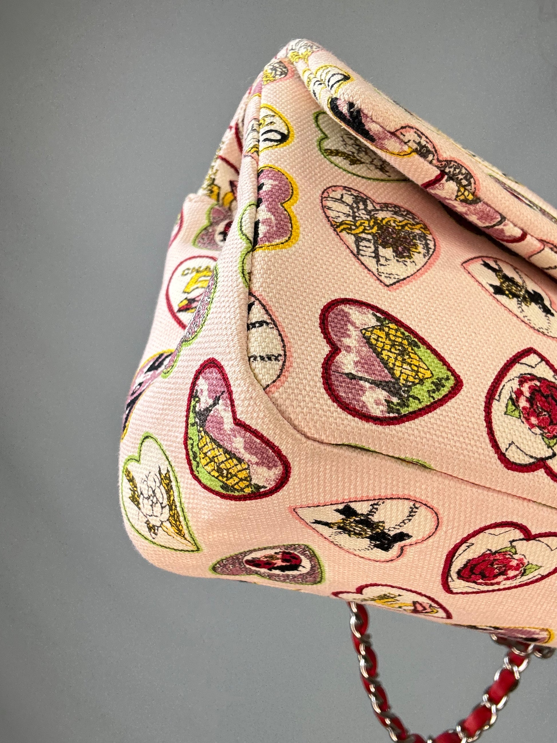 Chanel Canvas Coco Valentine Hearts Flap Bag front left bottom corner