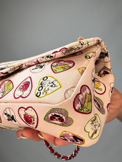 Chanel Canvas Coco Valentine Hearts Flap Bag front right bottom corner