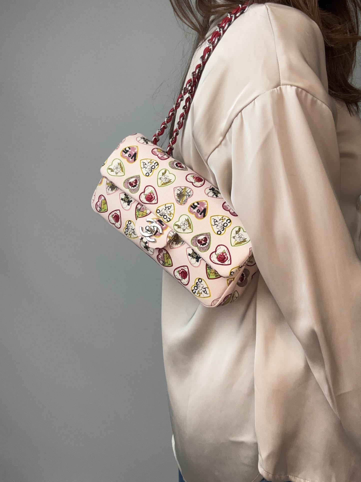Chanel Canvas Coco Valentine Hearts Flap Bag modeled 2