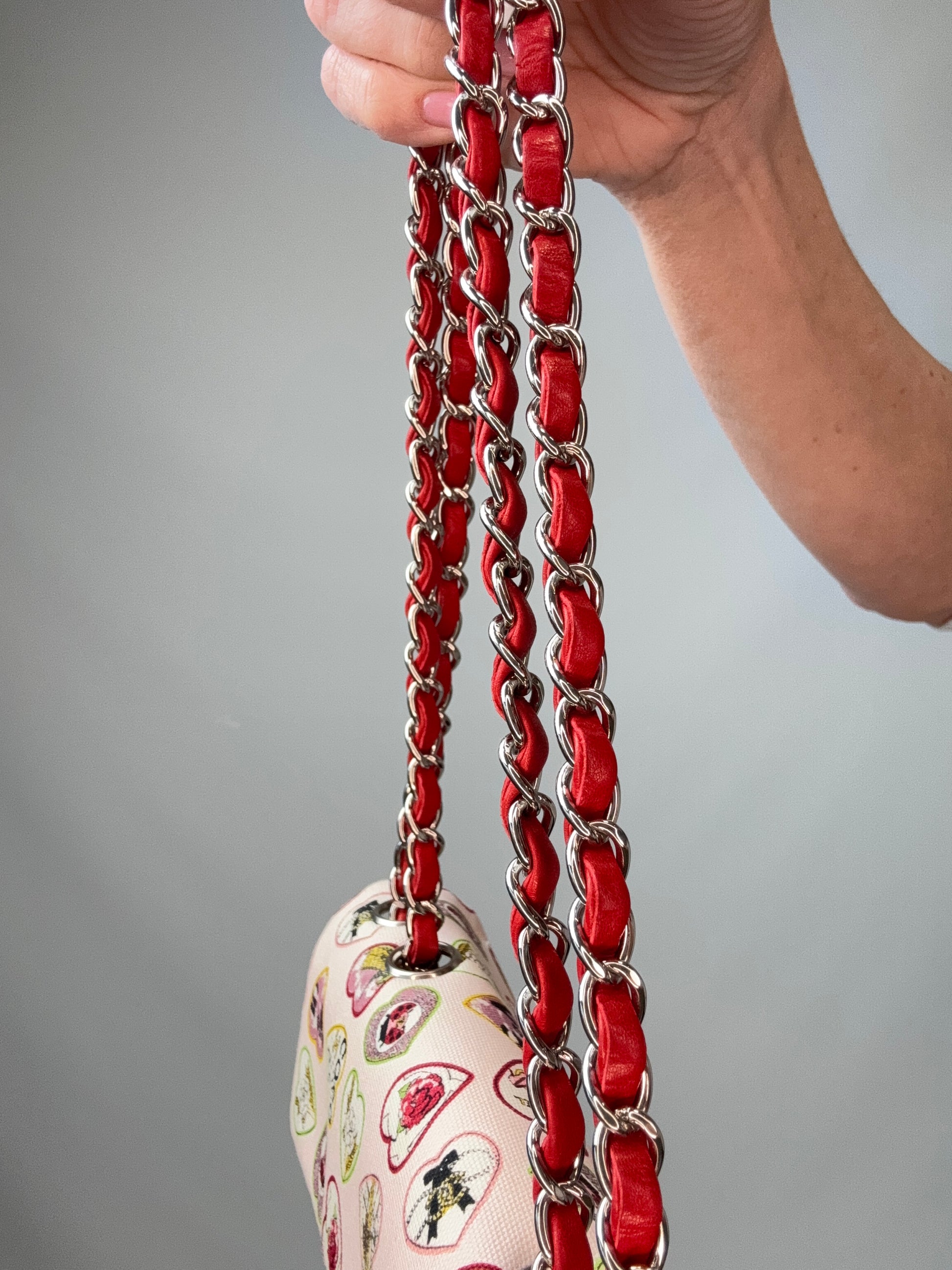Chanel Canvas Coco Valentine Hearts Flap Bag chain strap right