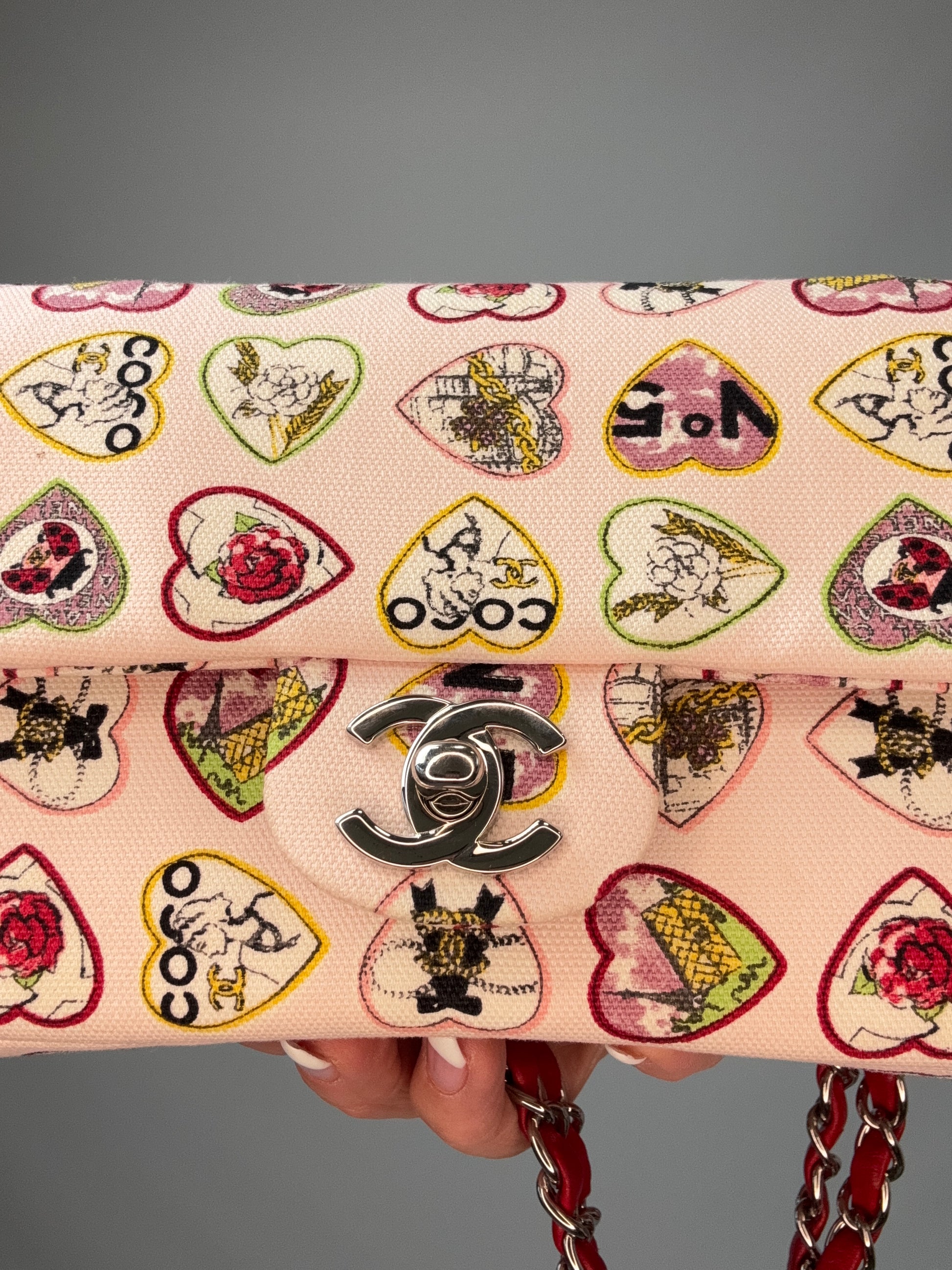 Chanel Canvas Coco Valentine Hearts Flap Bag turnlock closeup