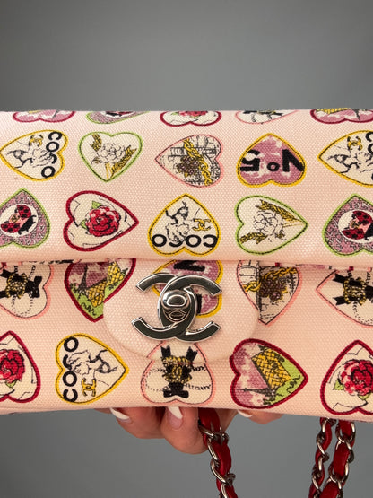 Chanel Canvas Coco Valentine Hearts Flap Bag turnlock closeup