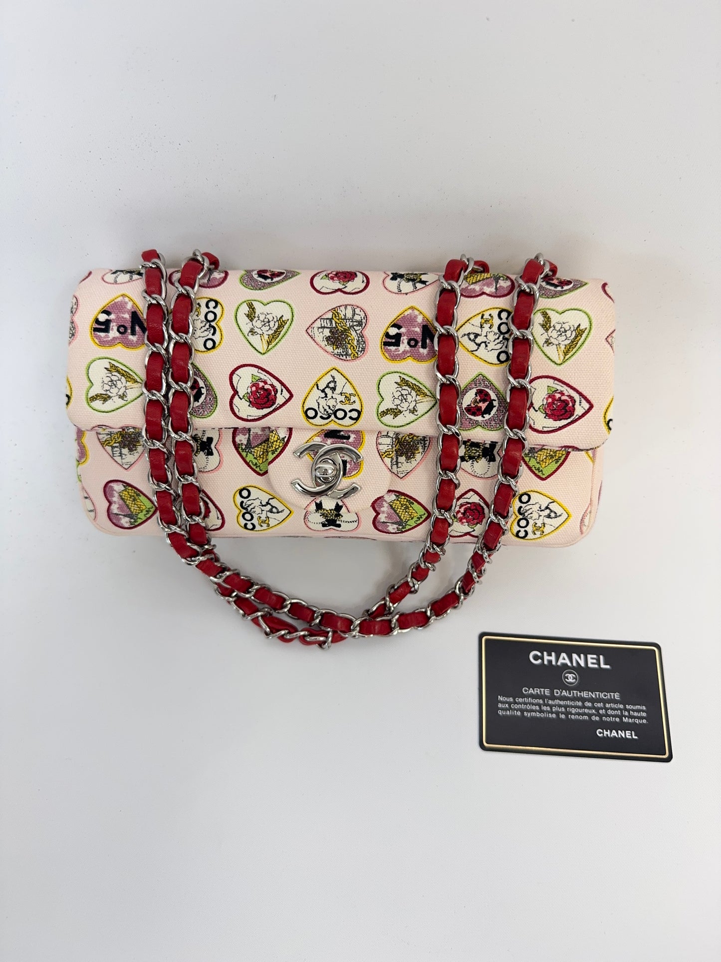 Chanel Canvas Coco Valentine Hearts Flap Bag with authenticity card