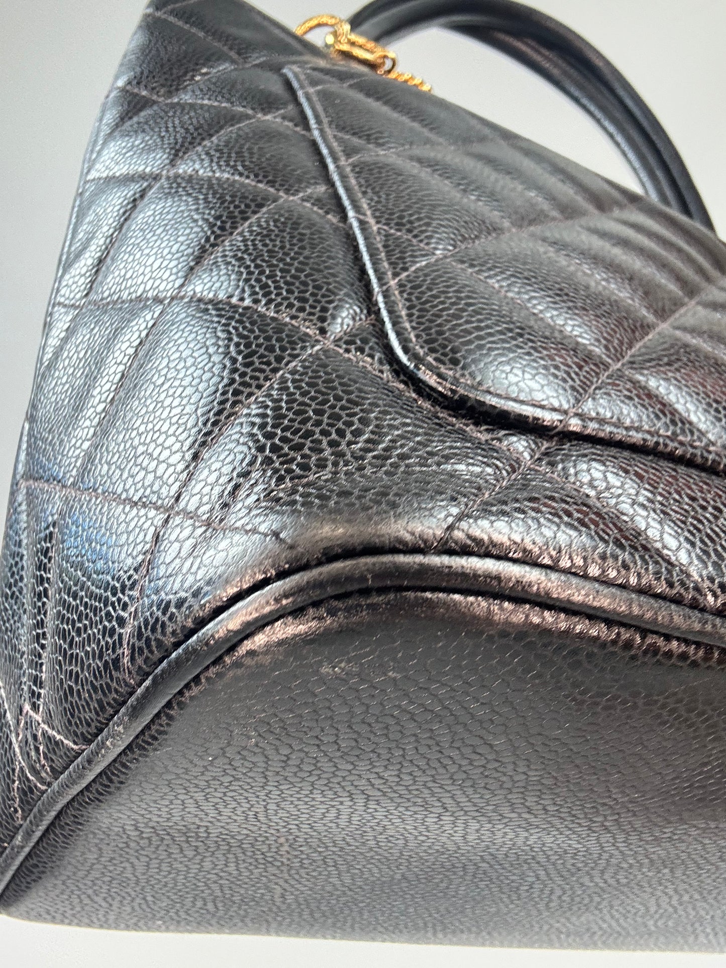 Chanel Caviar Quilted Medallion Tote back left bottom corner