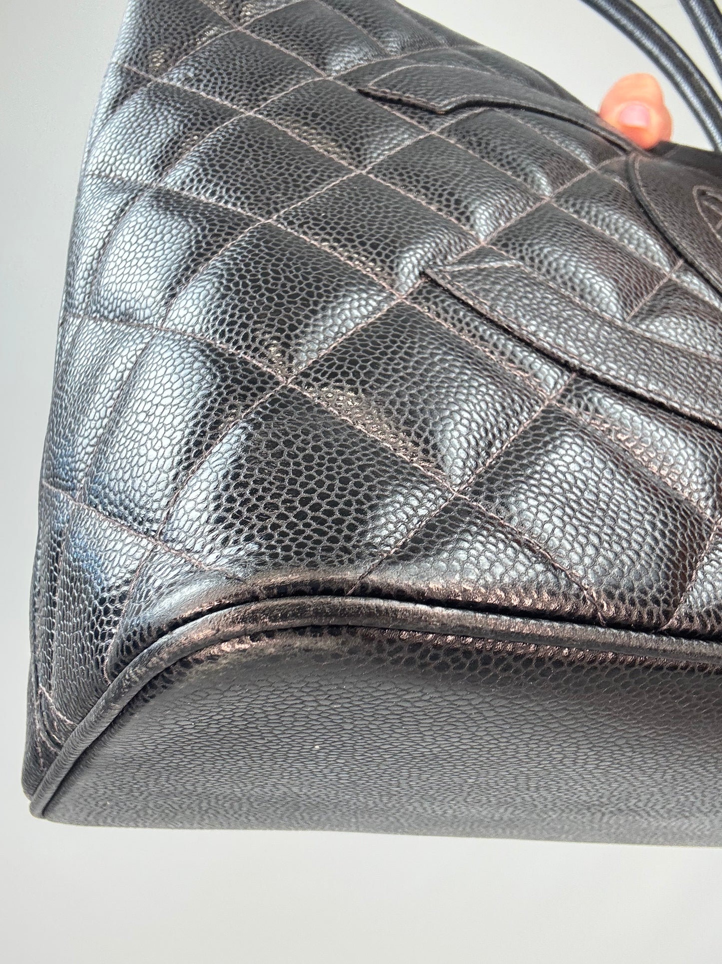 Chanel Caviar Quilted Medallion Tote front left bottom corner