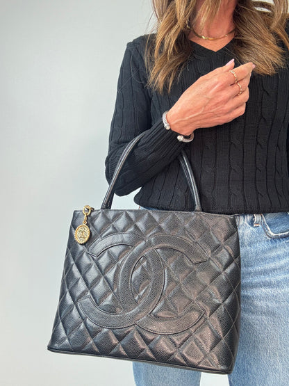 Chanel Caviar Quilted Medallion Tote modeled