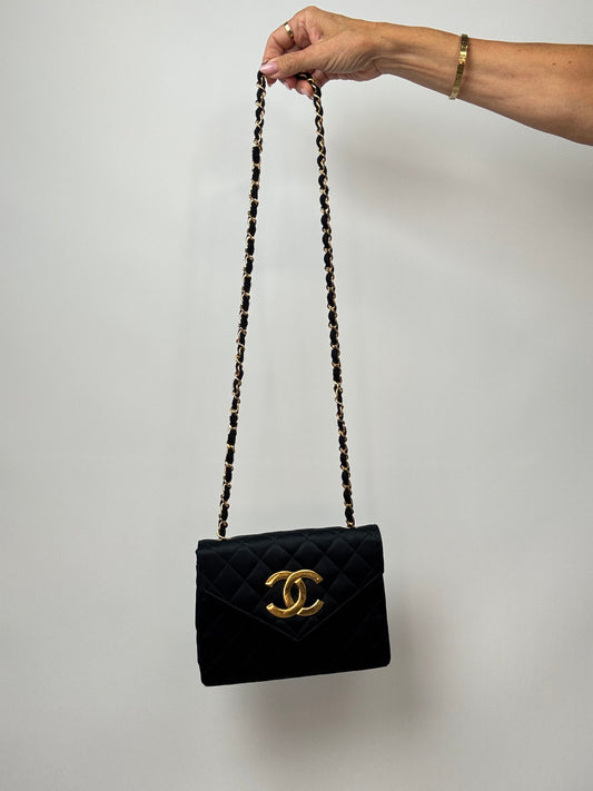 Chanel CC Black Quilted Satin Envelope Bag