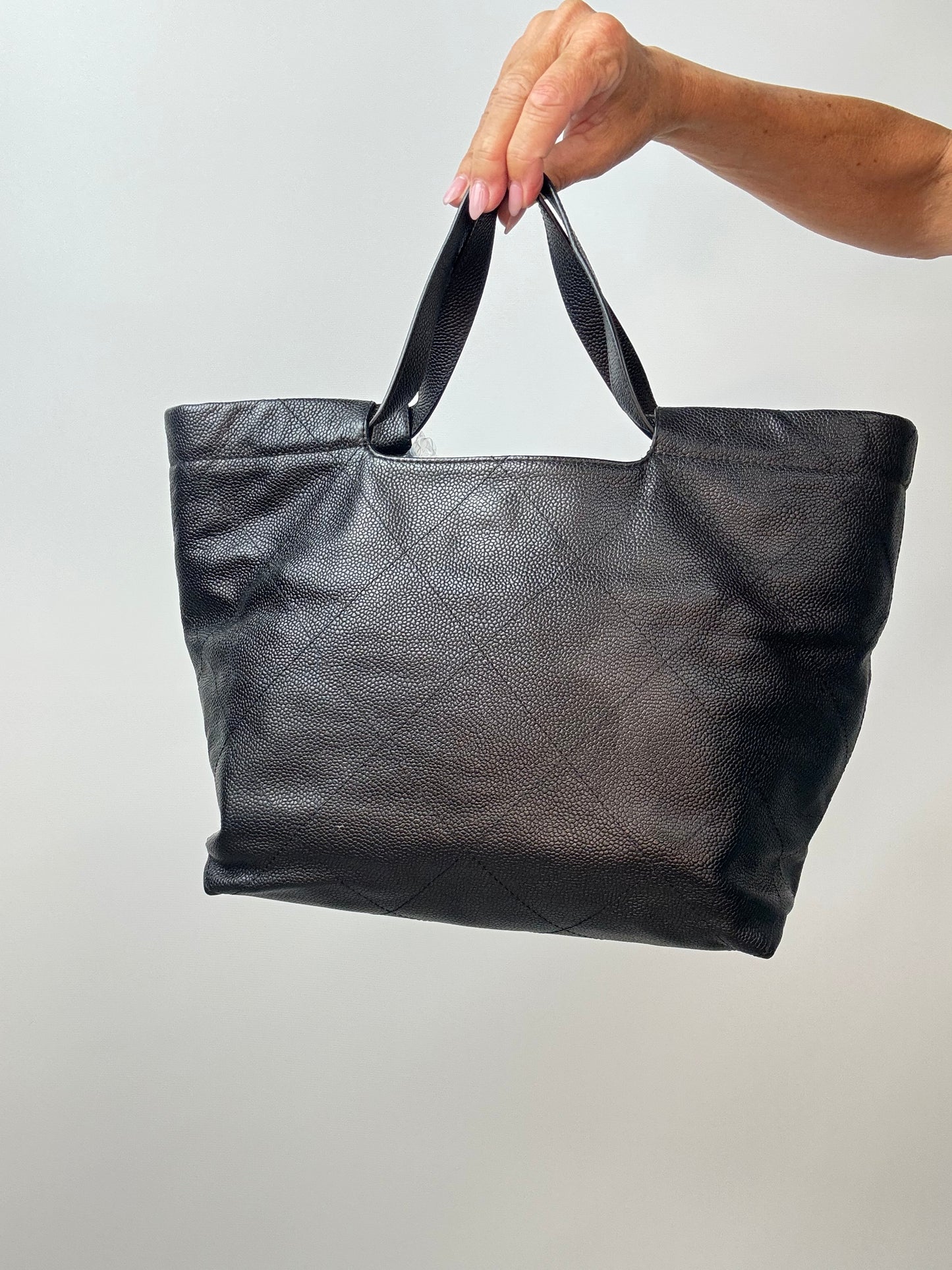 Chanel CC Quilted Caviar Leather Shopping Tote back of handbag