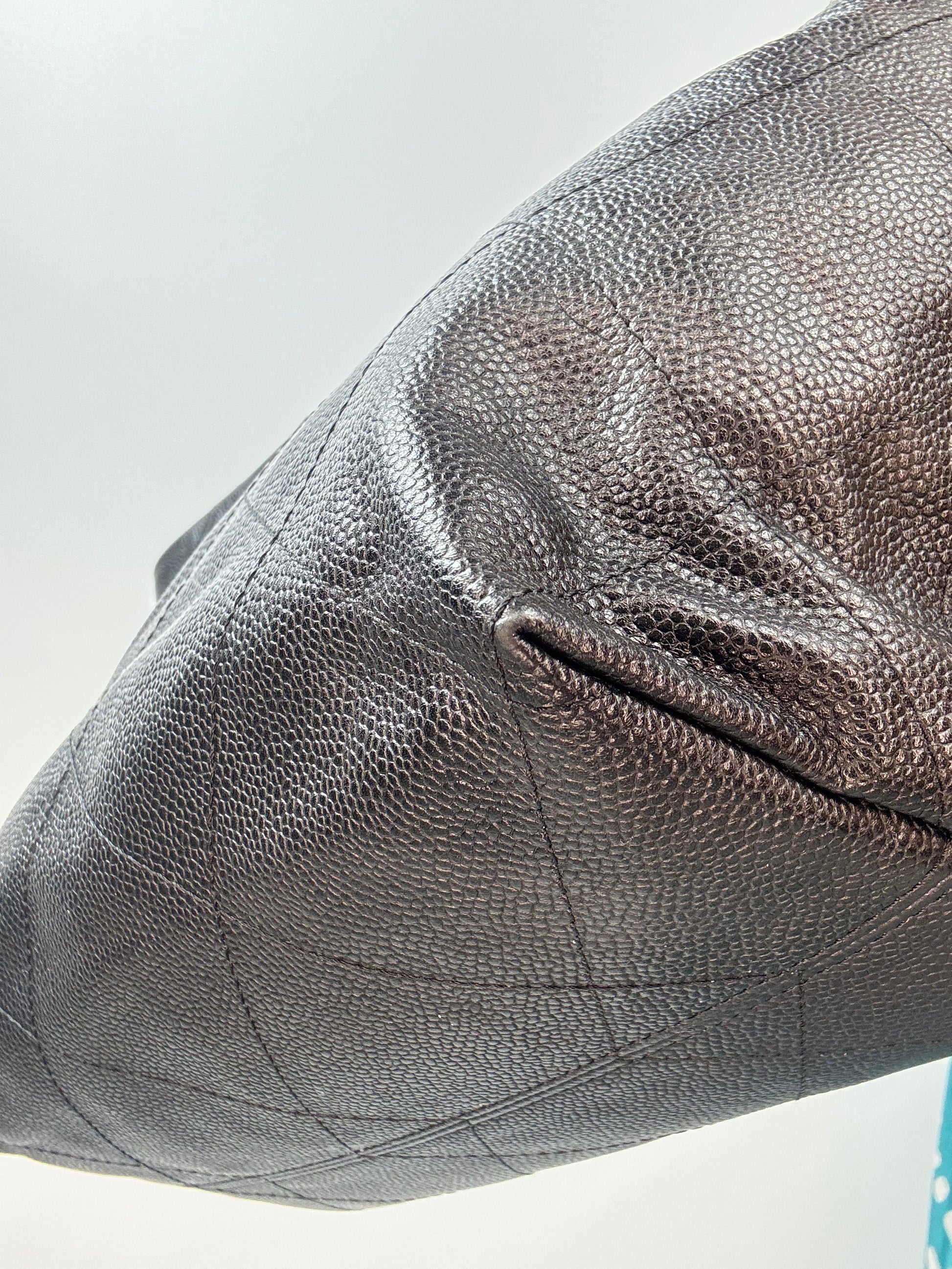 Chanel CC Quilted Caviar Leather Shopping Tote back right bottom corner