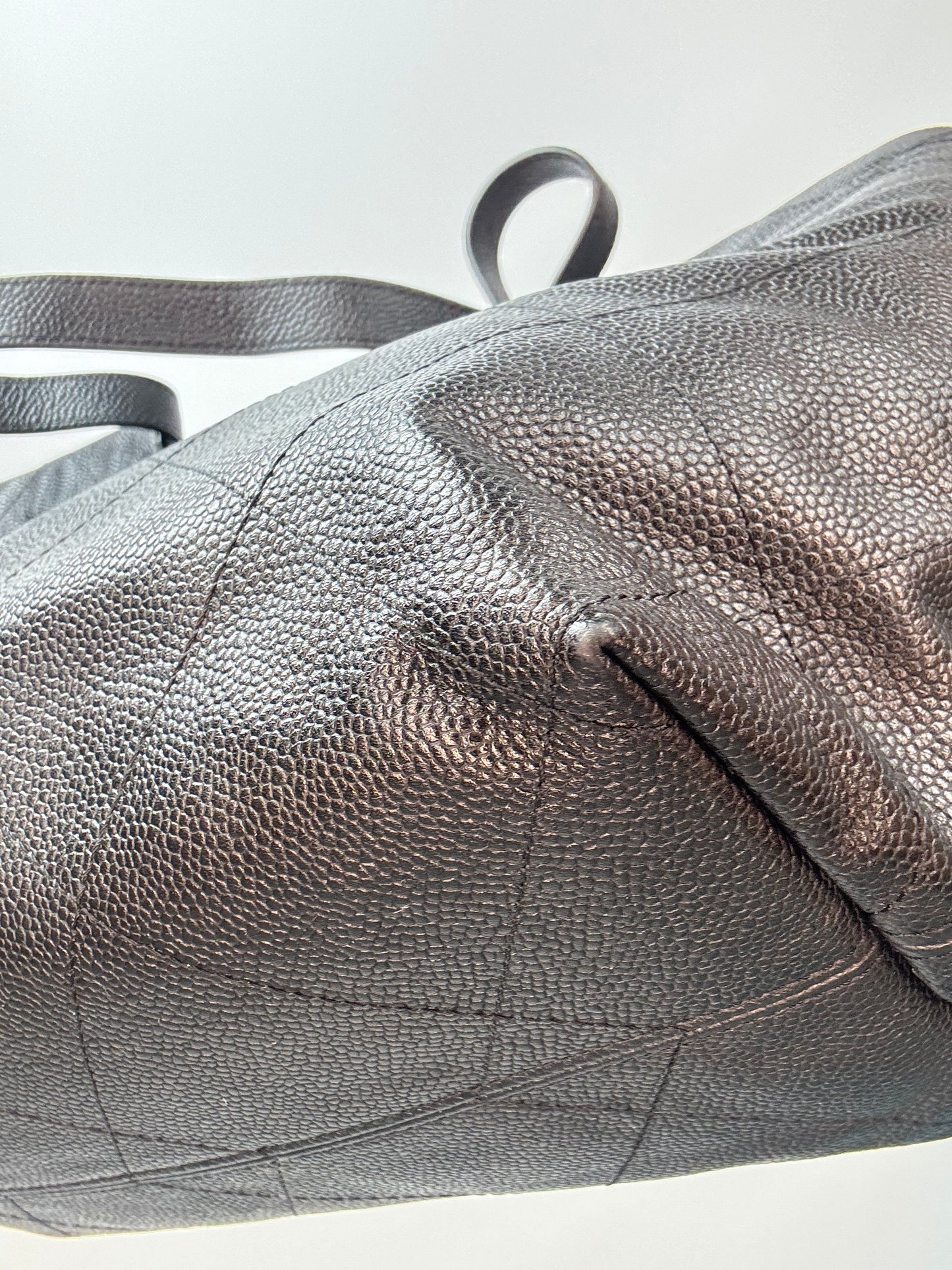Chanel CC Quilted Caviar Leather Shopping Tote front right bottom corner