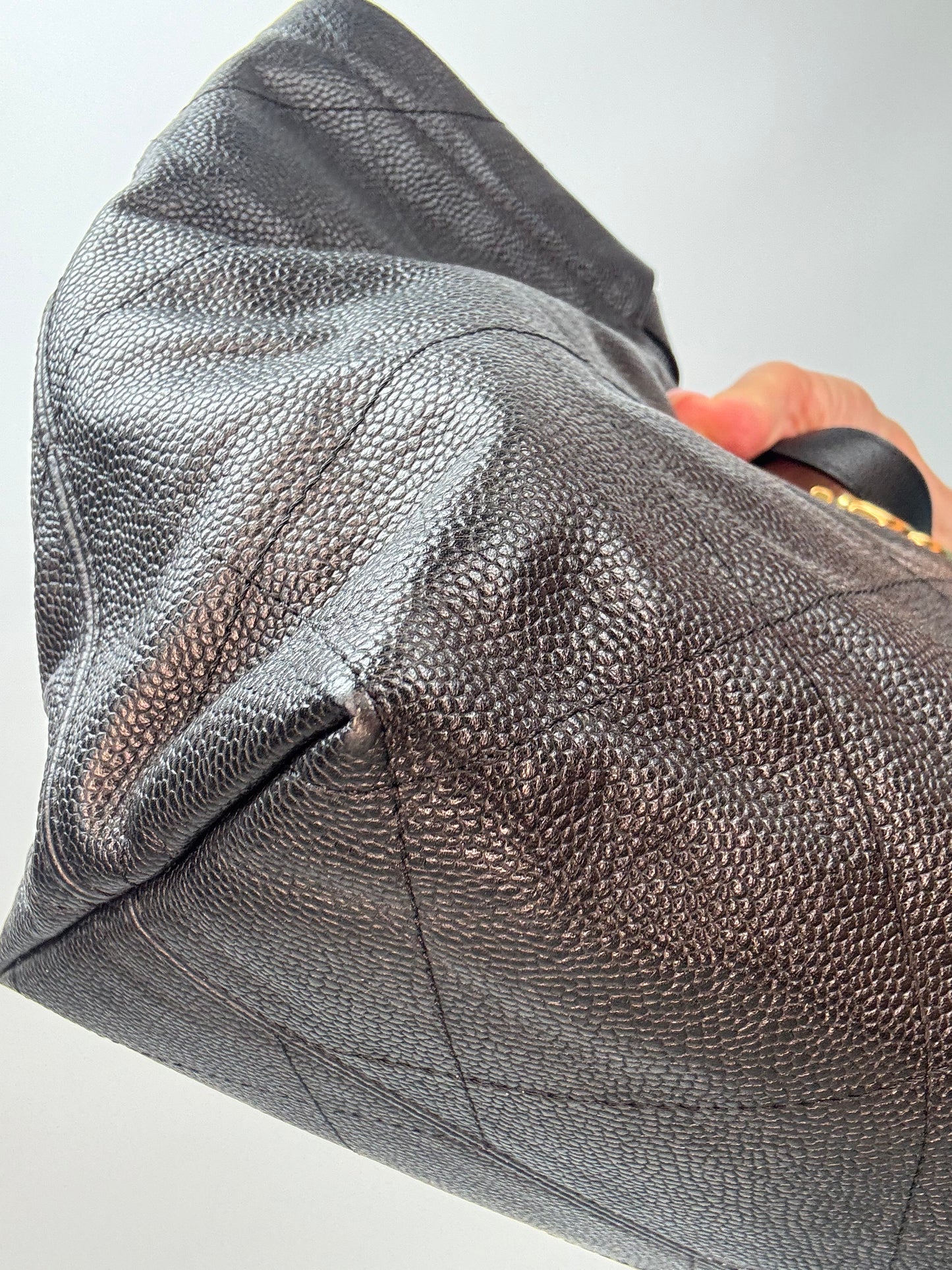 Chanel CC Quilted Caviar Leather Shopping Tote front left bottom corner