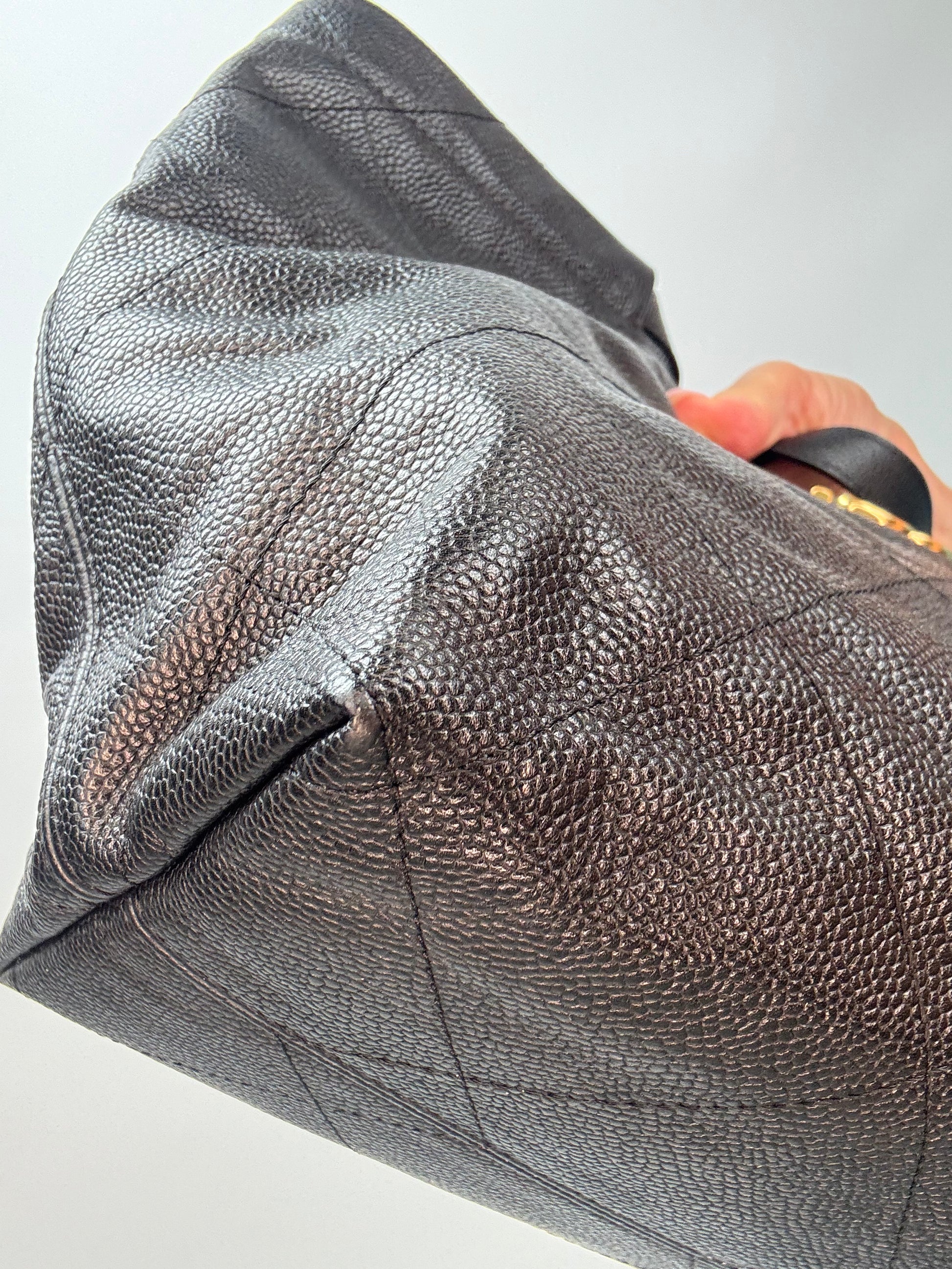 Chanel CC Quilted Caviar Leather Shopping Tote front left bottom corner