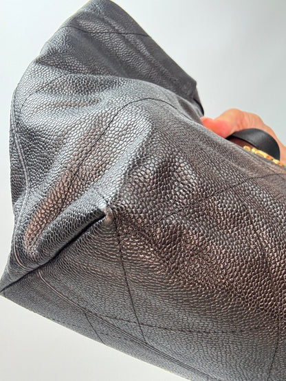 Chanel CC Quilted Caviar Leather Shopping Tote front left bottom corner