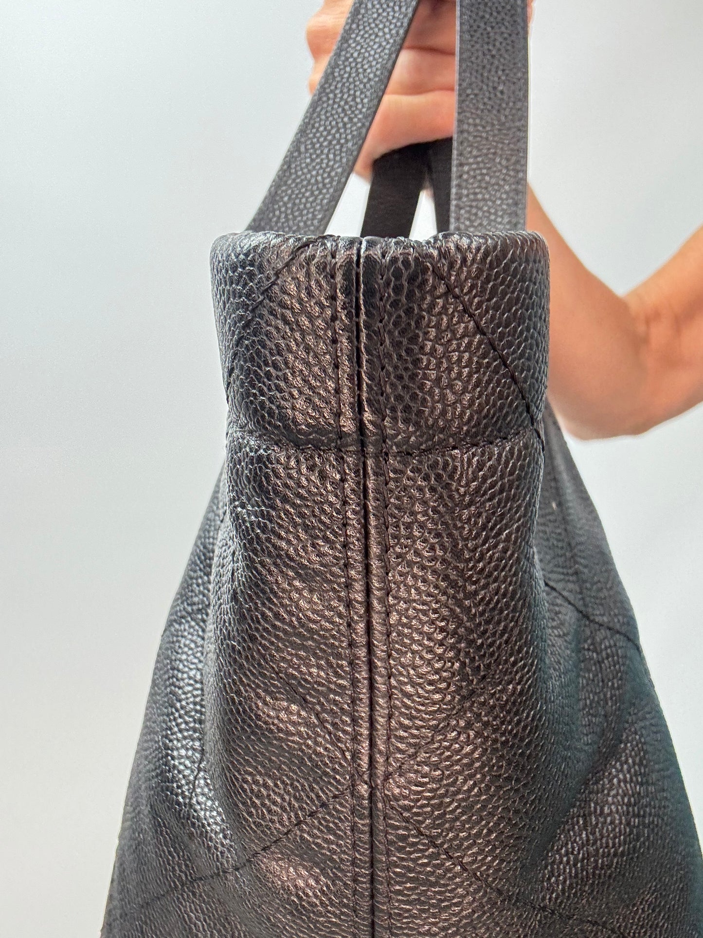 Chanel CC Quilted Caviar Leather Shopping Tote top left side