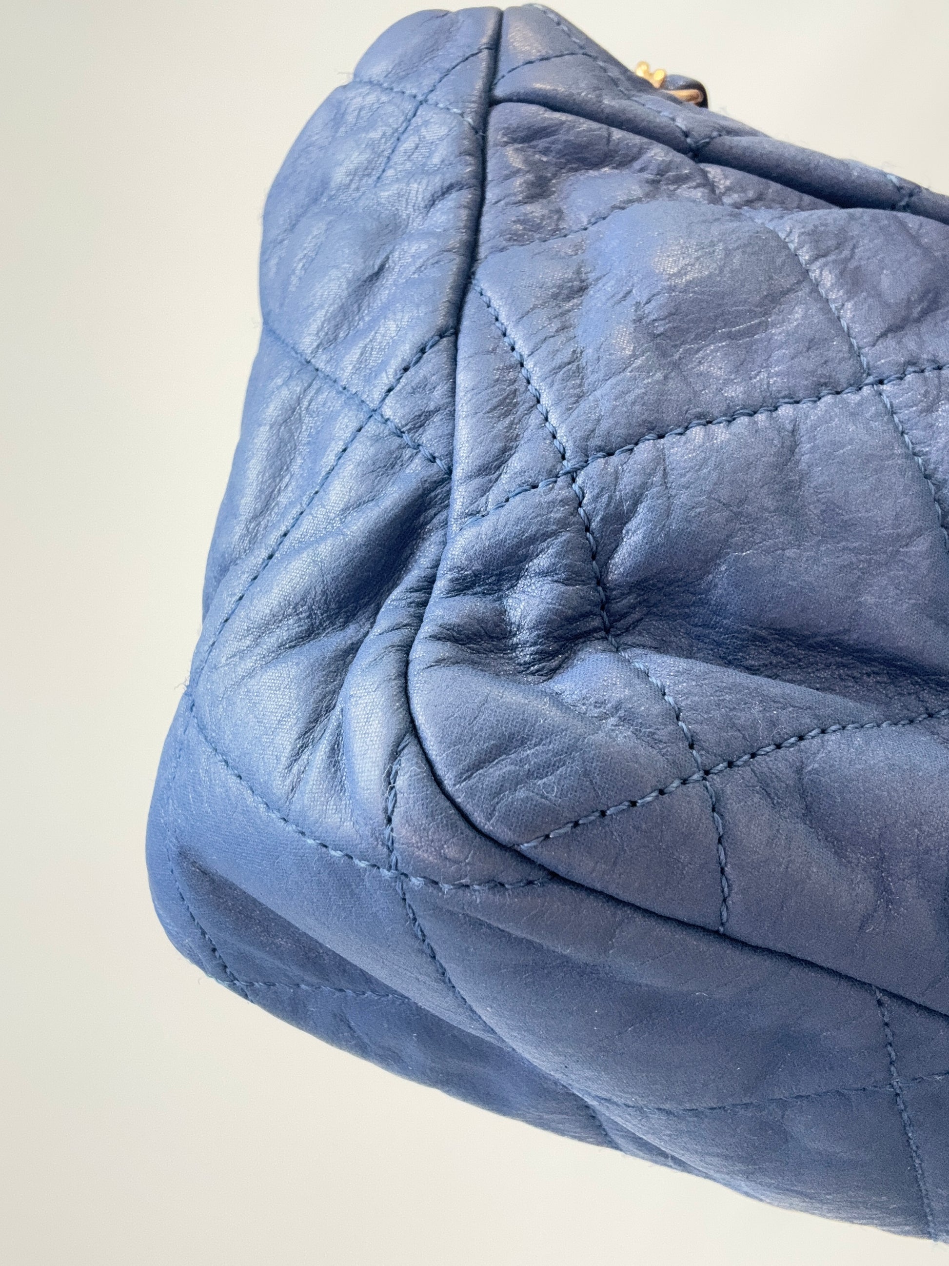 Chanel Classic Quilted Leather Flap Bag in Blue back left bottom corner