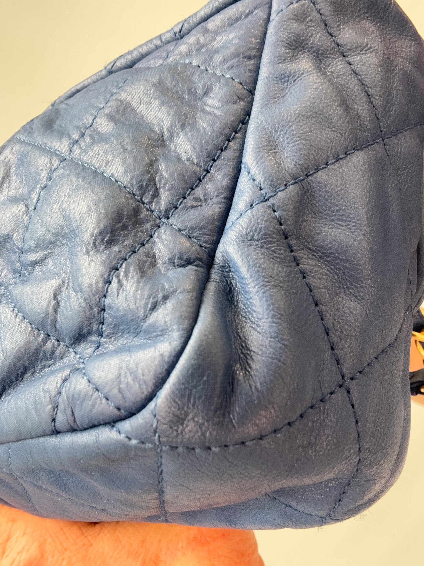 Chanel Classic Quilted Leather Flap Bag in Blue back right bottom corner