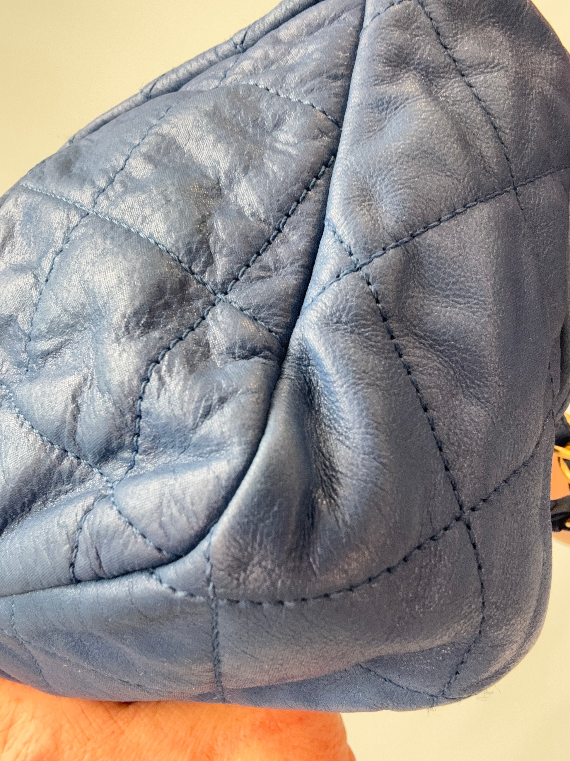 Chanel Classic Quilted Leather Flap Bag in Blue back right bottom corner