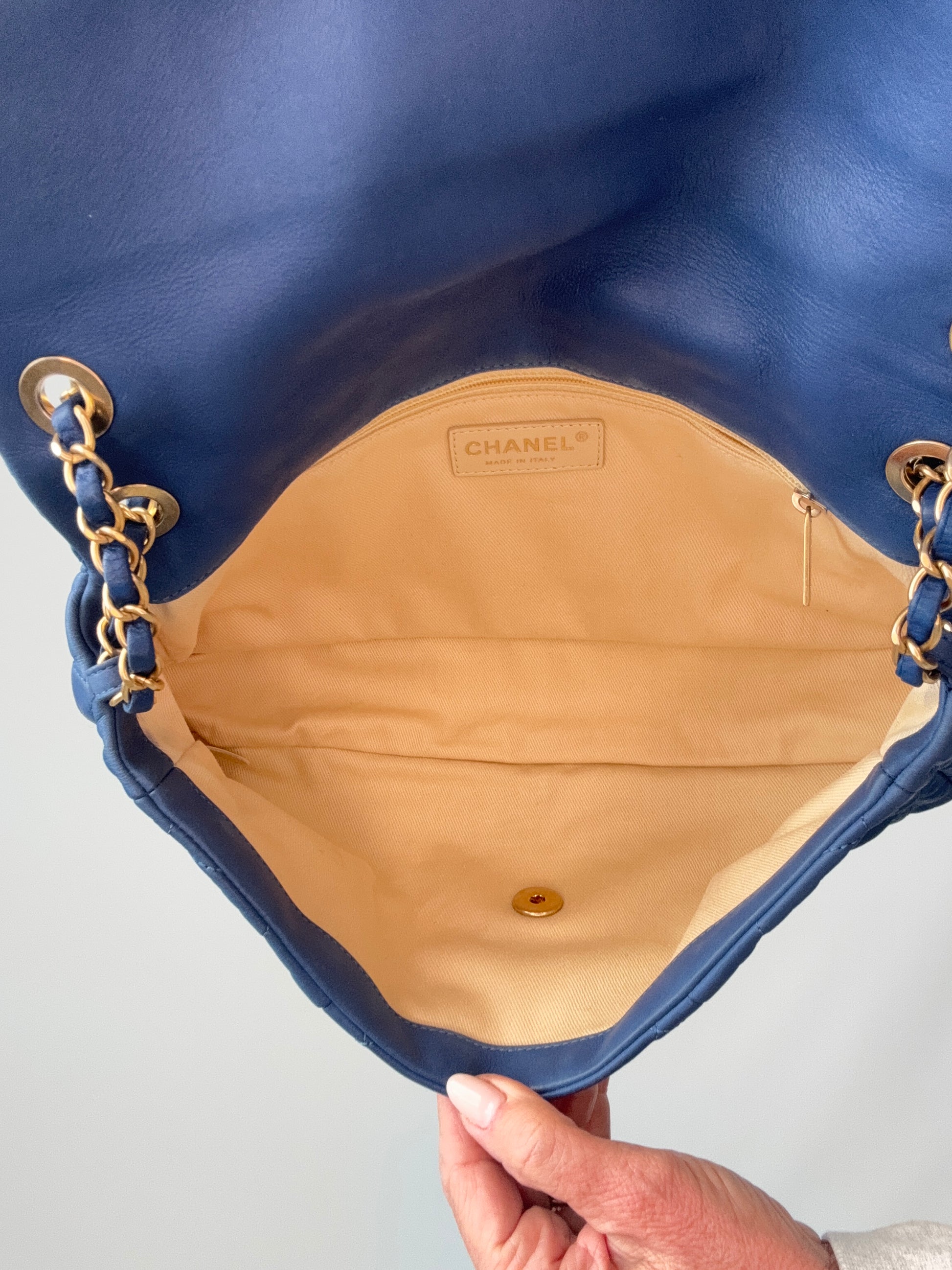 Chanel Classic Quilted Leather Flap Bag in Blue interior of handbag