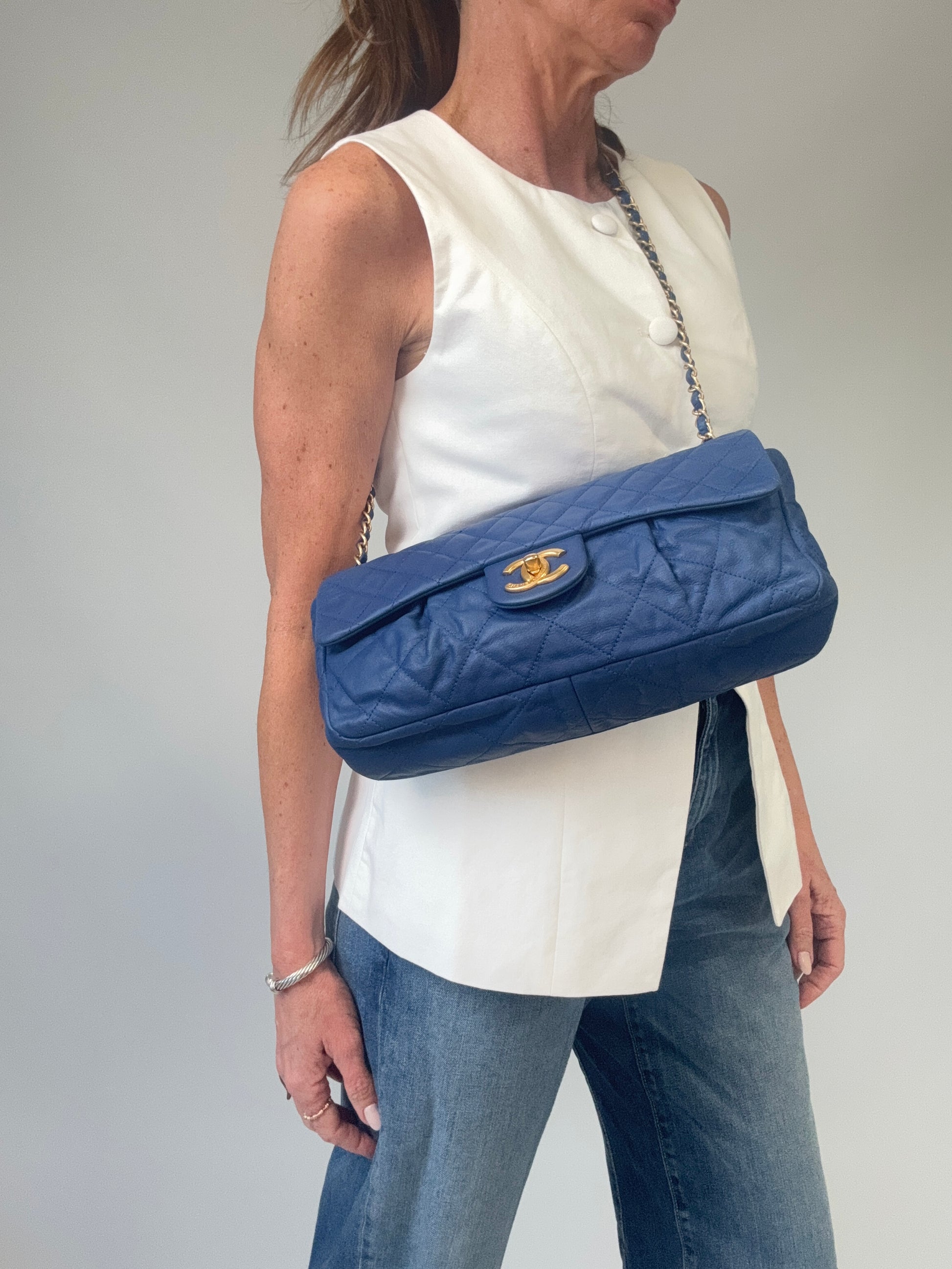 Chanel Classic Quilted Leather Flap Bag in Blue modeled