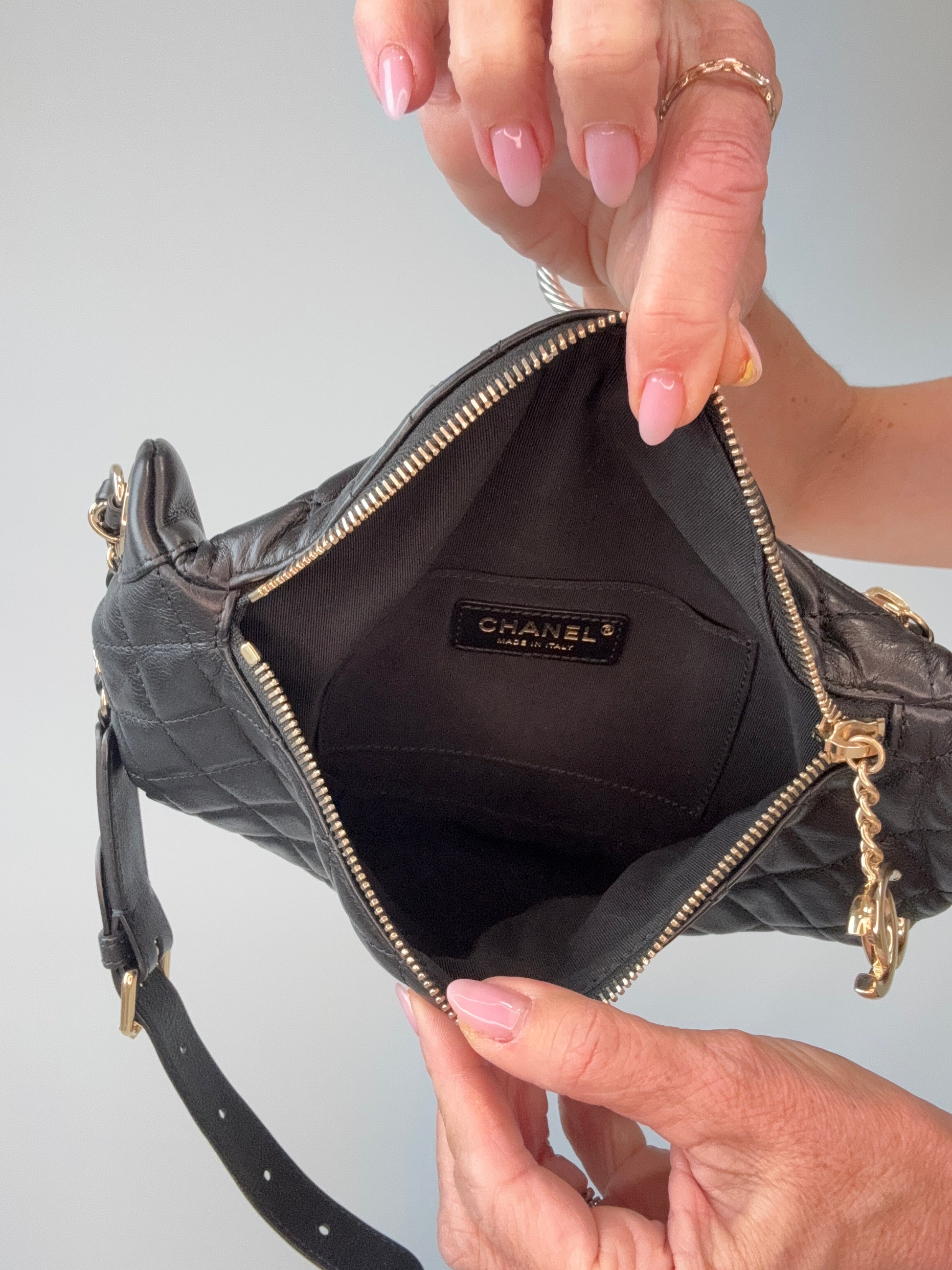 Chanel Lambskin Quilted Banane Waist Bag interior