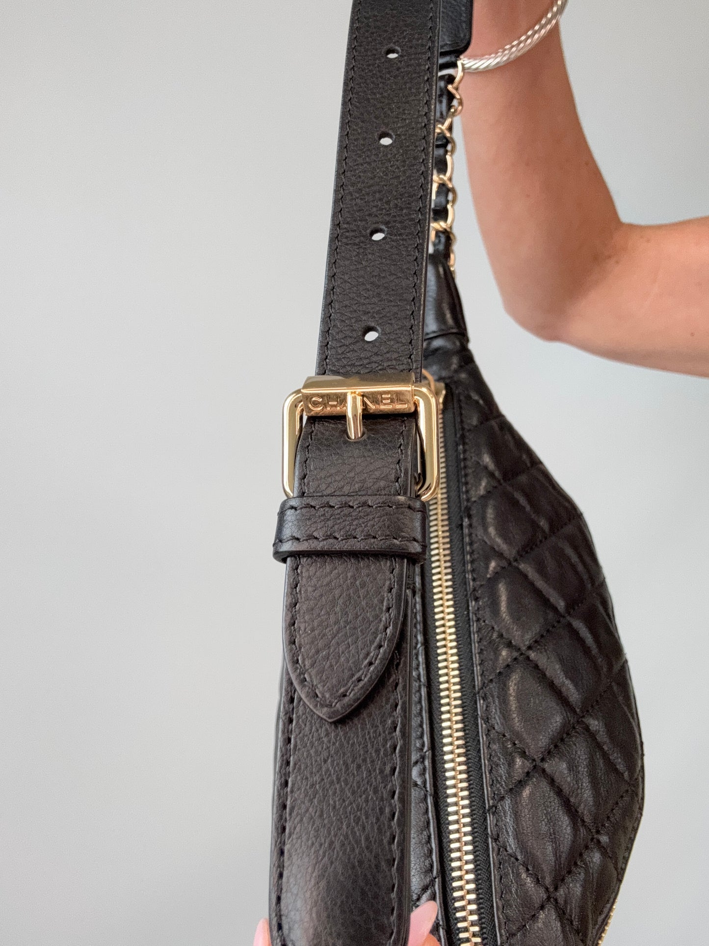 Chanel Lambskin Quilted Banane Waist Bag strap with hardware