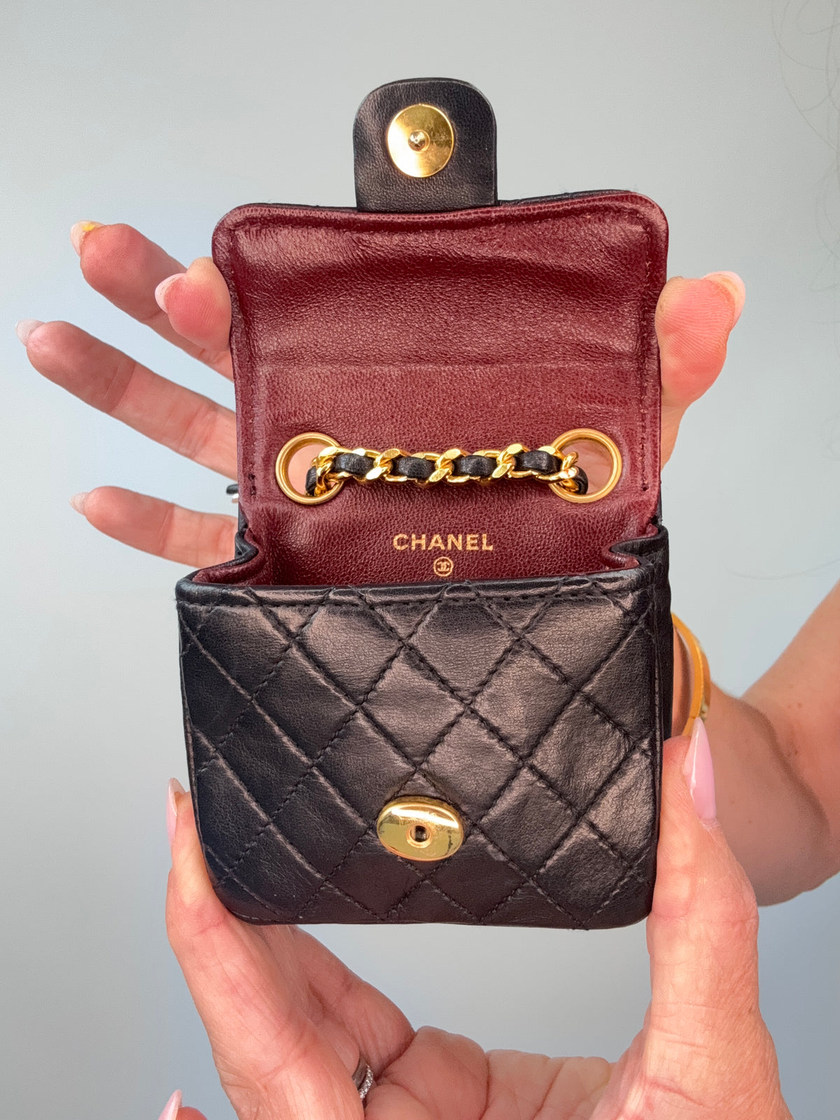 Chanel Micro Quilted Lambskin Flap Chain Belt Bag flap interior