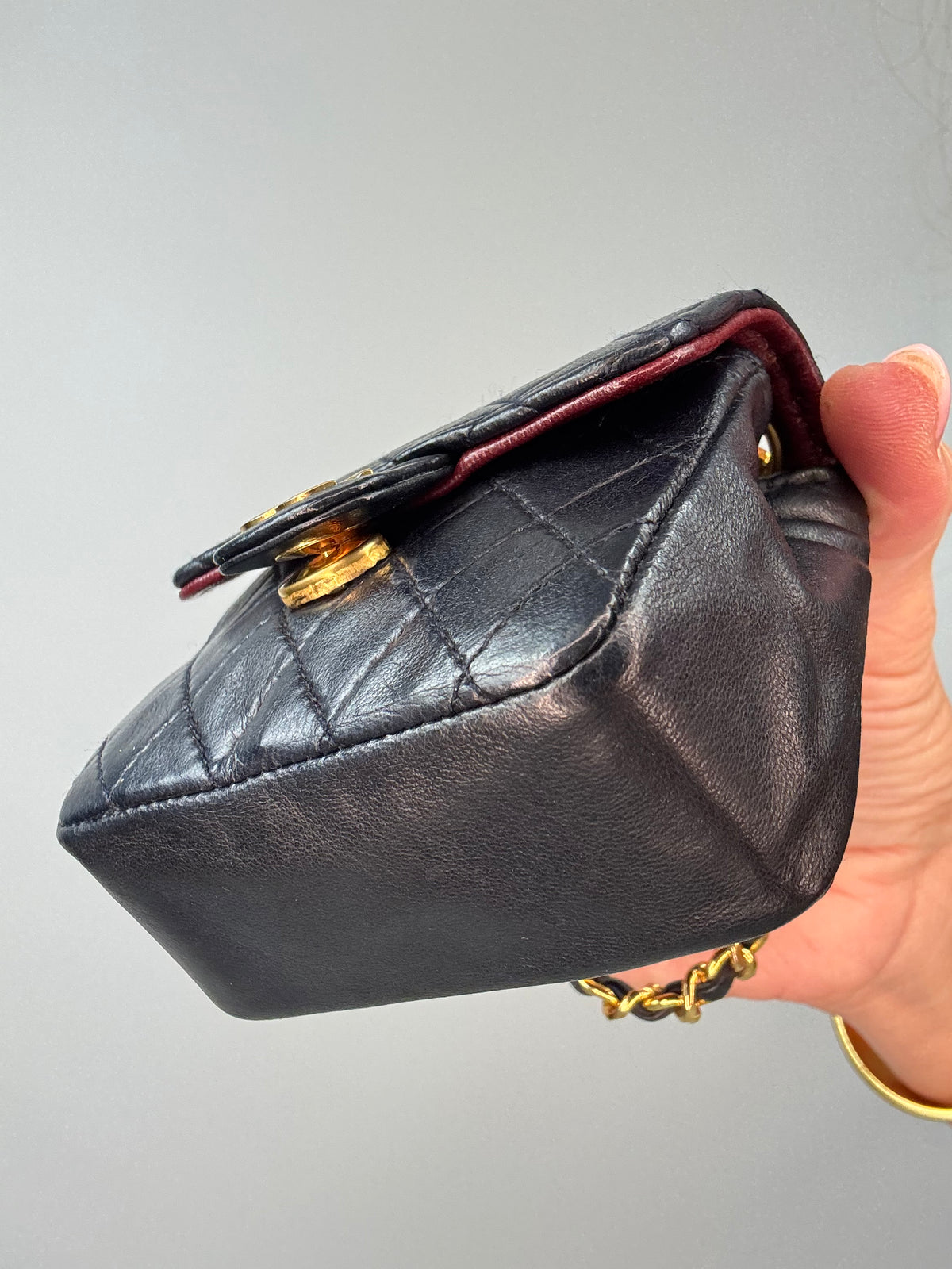 Chanel Micro Quilted Lambskin Flap Chain Belt Bag front right bottom corner