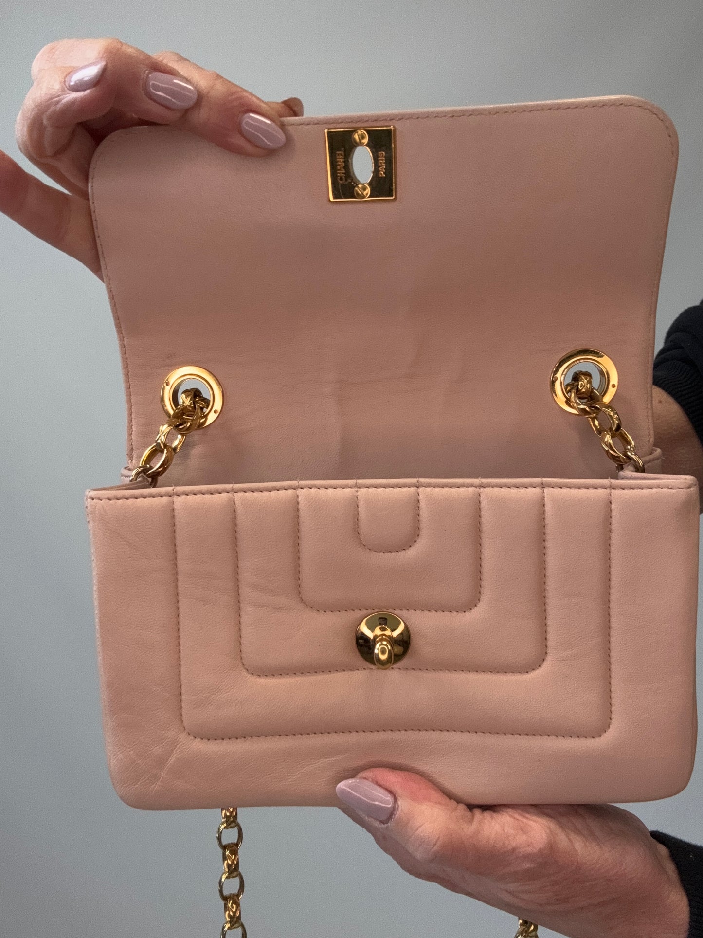 Chanel Mini Bijoux Flap Bag in Light Pink flap interior