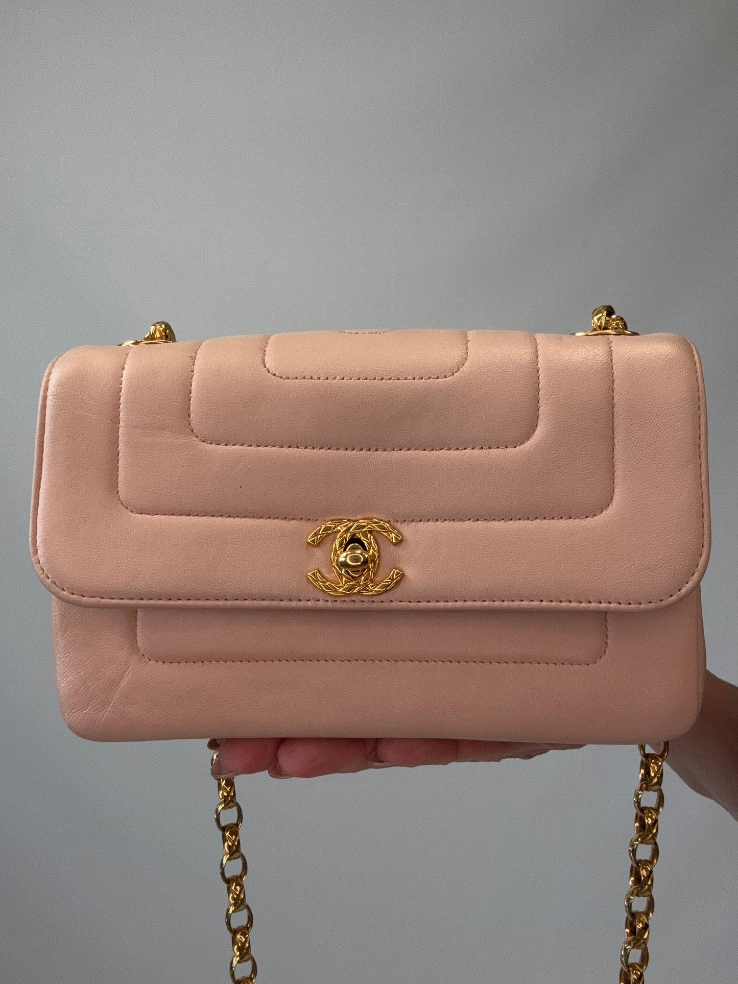 Chanel Mini Bijoux Flap Bag in Light Pink front of handbag