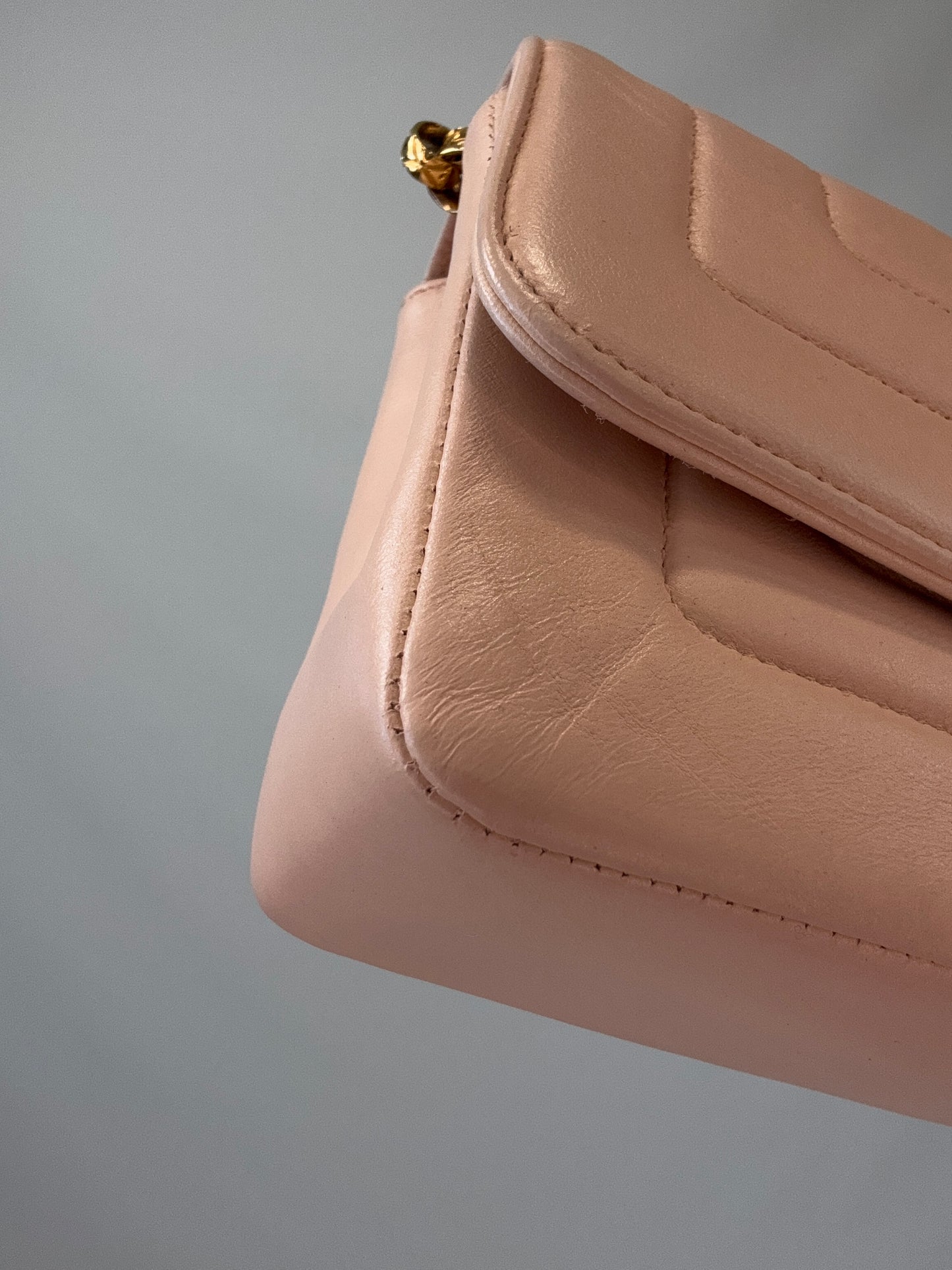 Chanel Mini Bijoux Flap Bag in Light Pink front left bottom corner