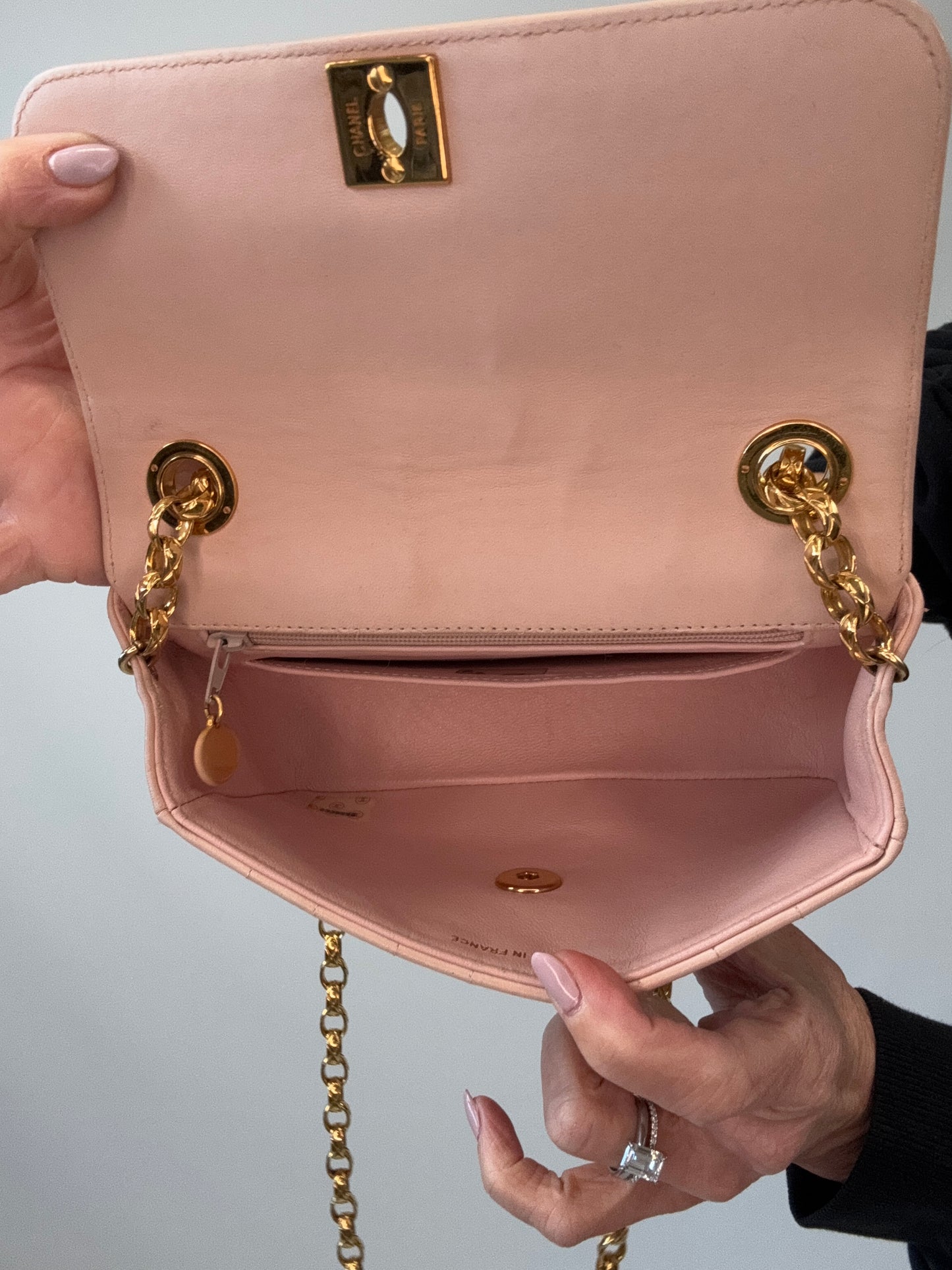 Chanel Mini Bijoux Flap Bag in Light Pink interior of handbag