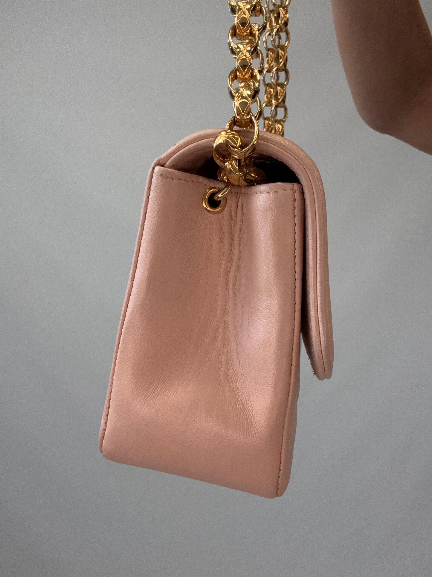 Chanel Mini Bijoux Flap Bag in Light Pink left side of handbag