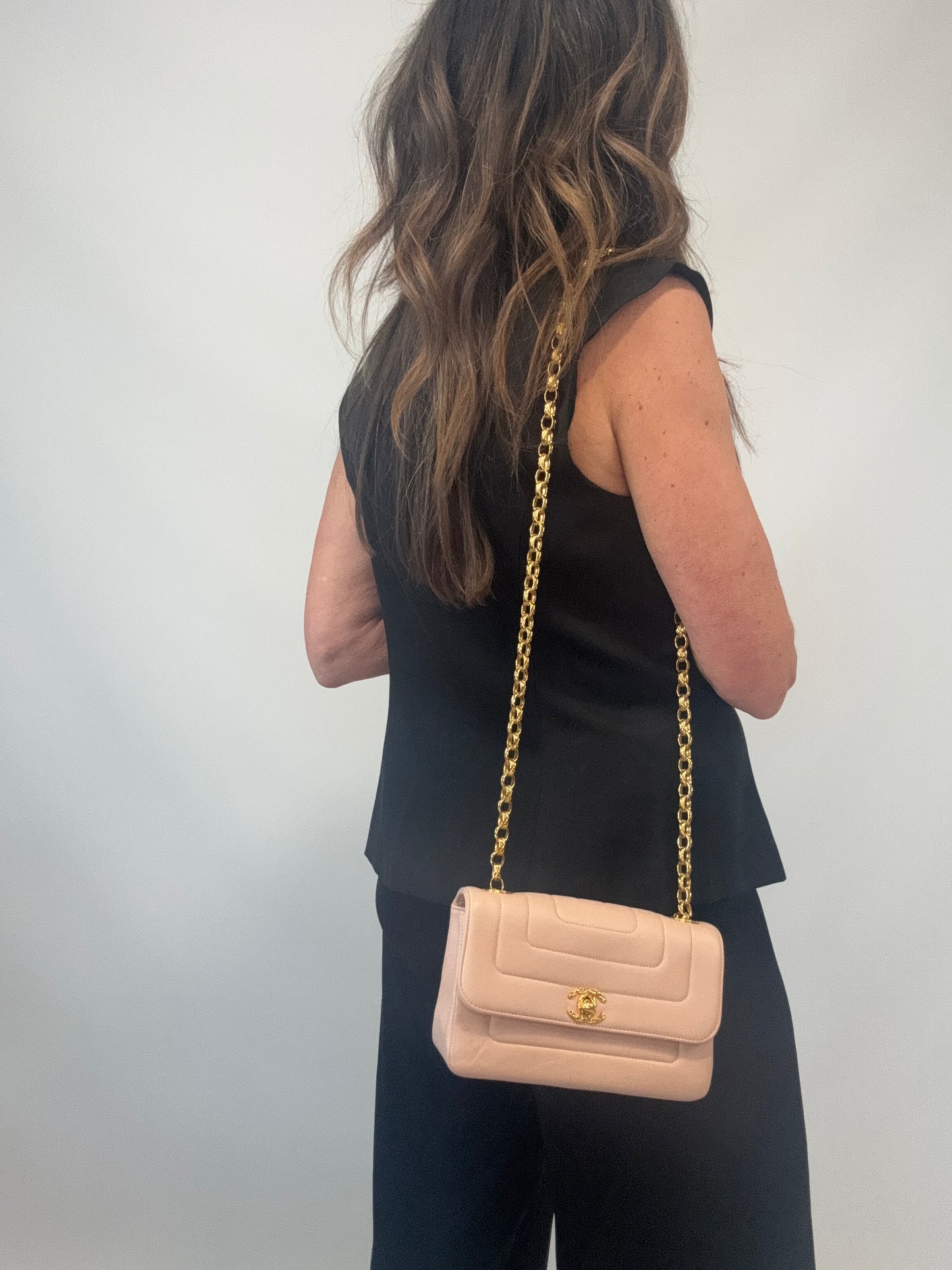 Chanel Mini Bijoux Flap Bag in Light Pink modeled