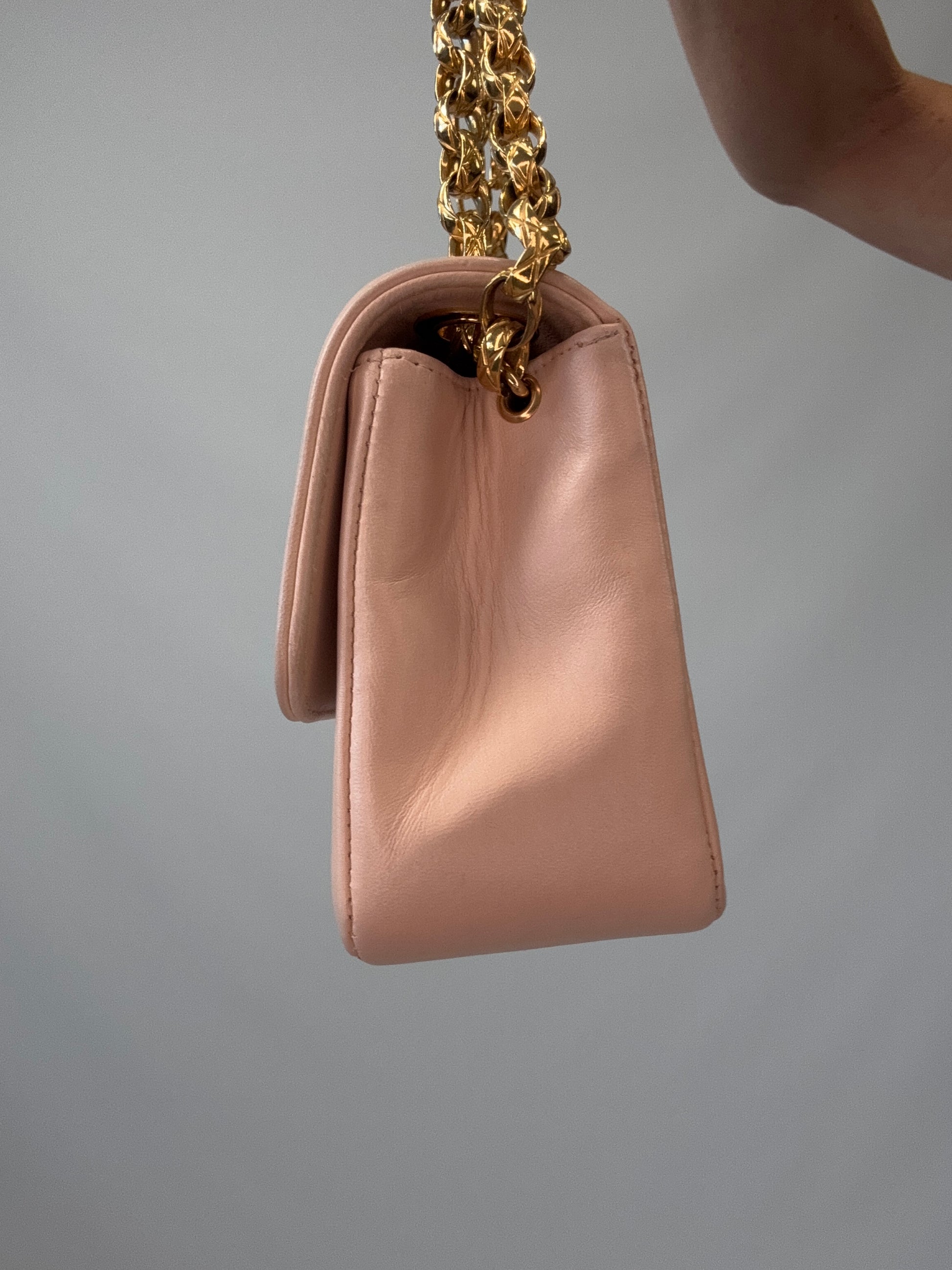 Chanel Mini Bijoux Flap Bag in Light Pink right side of handbag