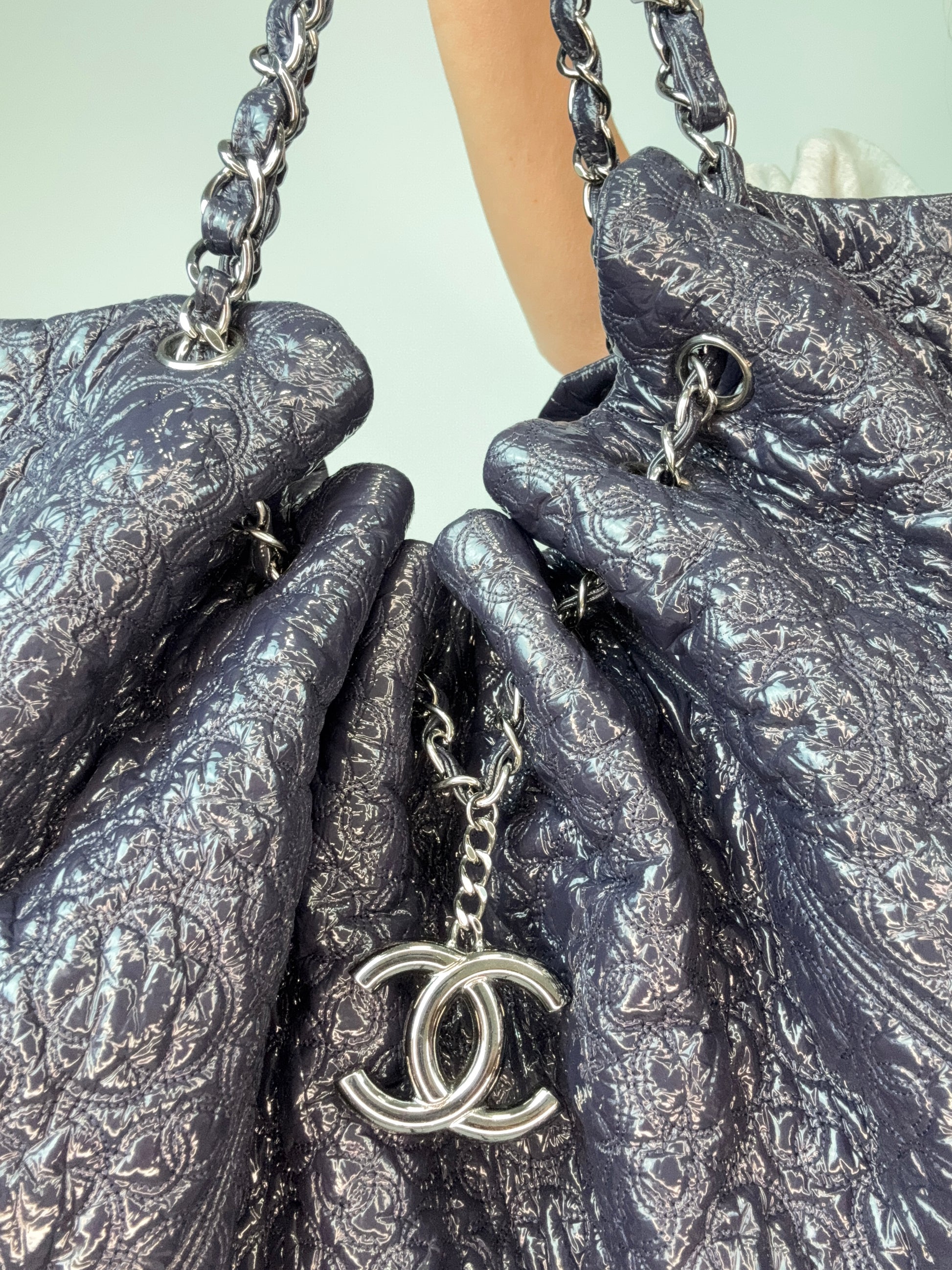 Chanel Patent Leather Rock In Moscow Cabas Hobo Bag front with CC chain