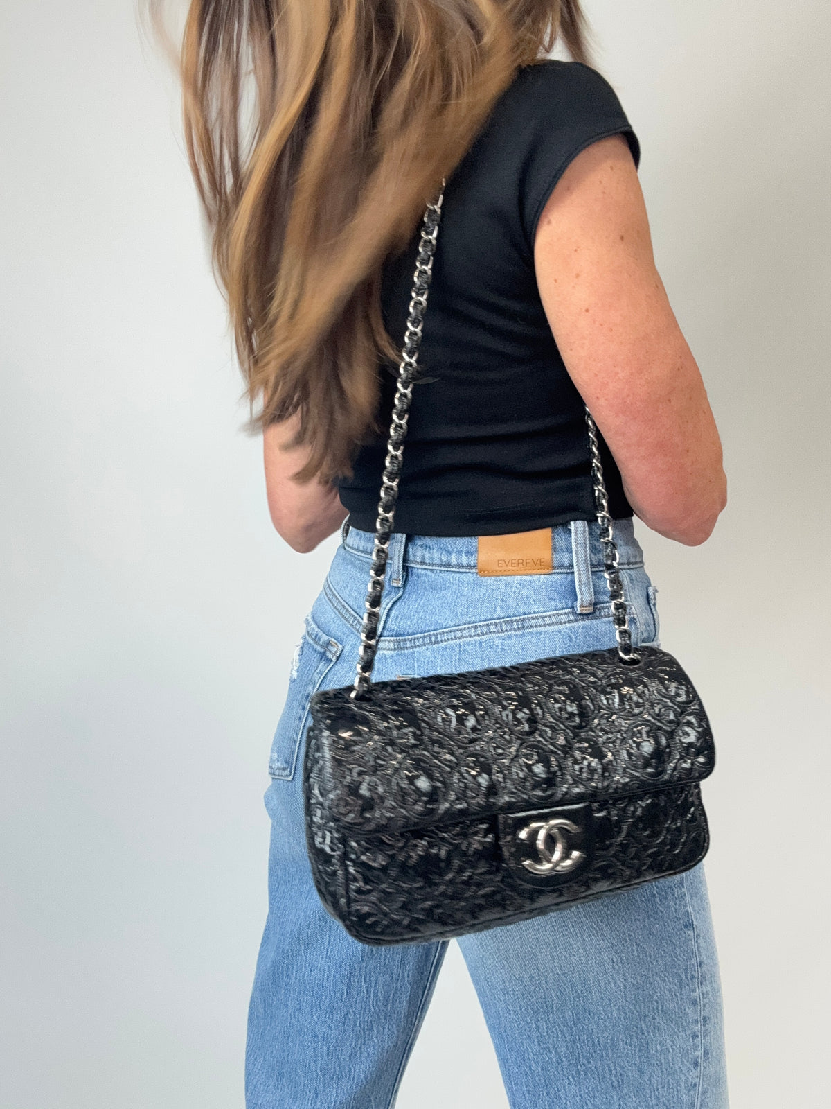 Chanel Patent Leather Rock In Moscow Single Flap Bag modeled 2