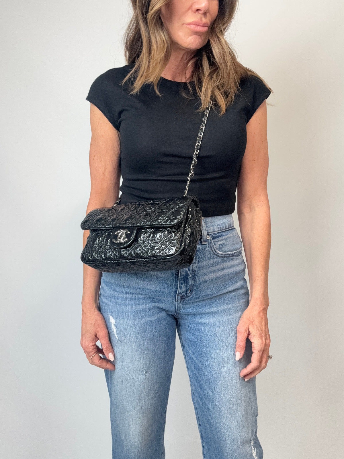 Chanel Patent Leather Rock In Moscow Single Flap Bag modeled 3